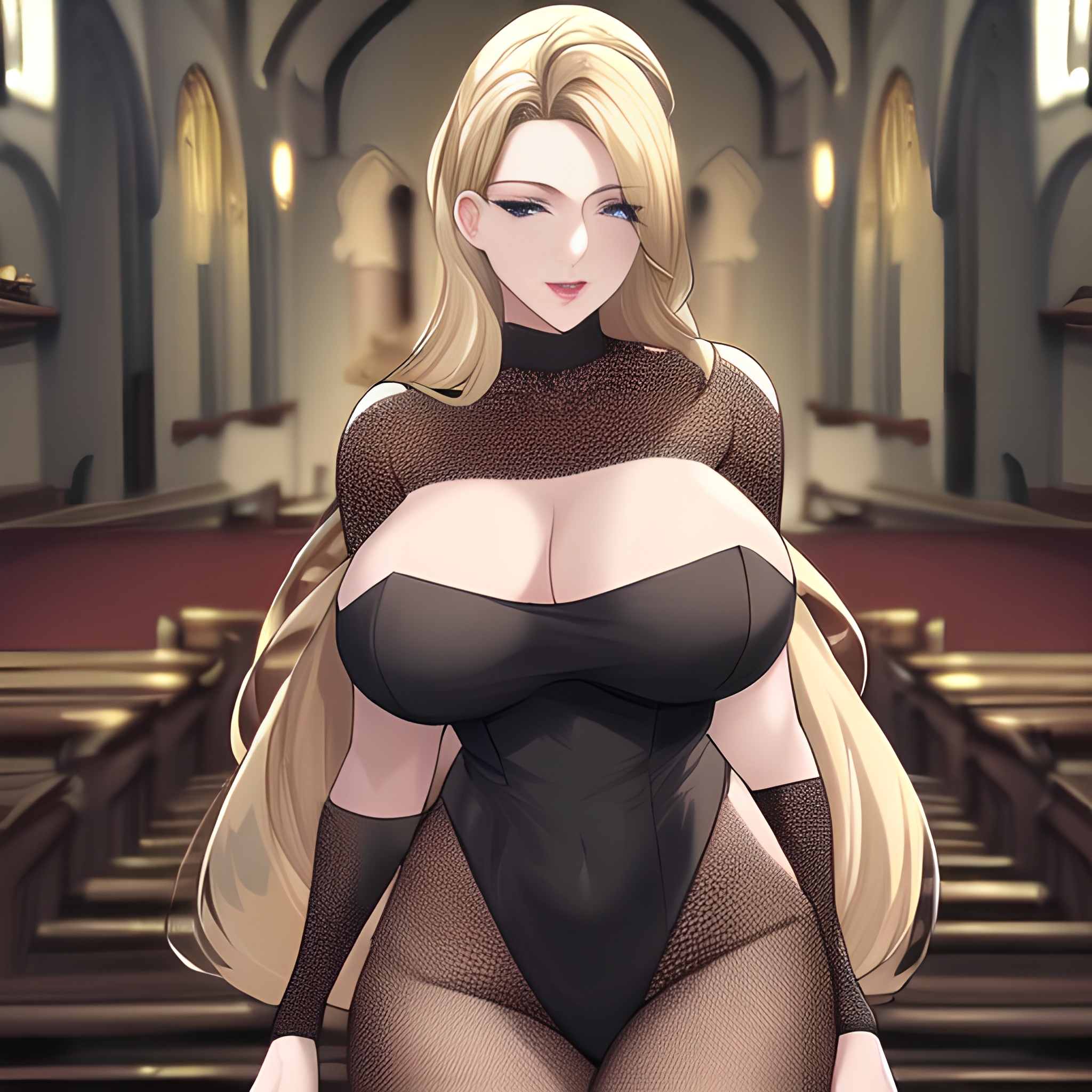 front view woman long hair small boobs church blonde fishnet nude 