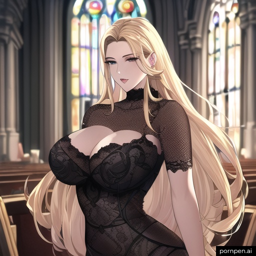 front view woman small boobs blonde church long hair nude fishnet 