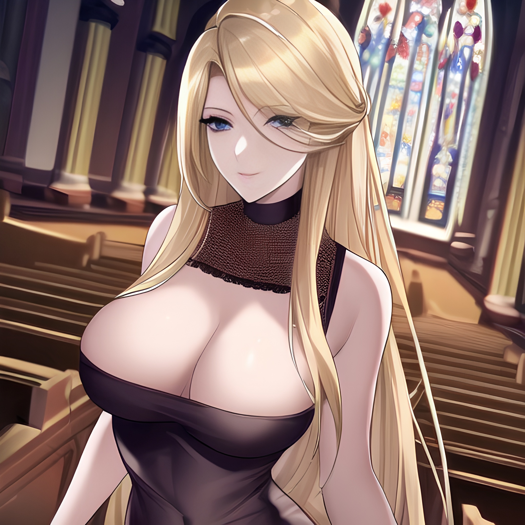 front view woman small boobs long hair blonde fishnet nude church 