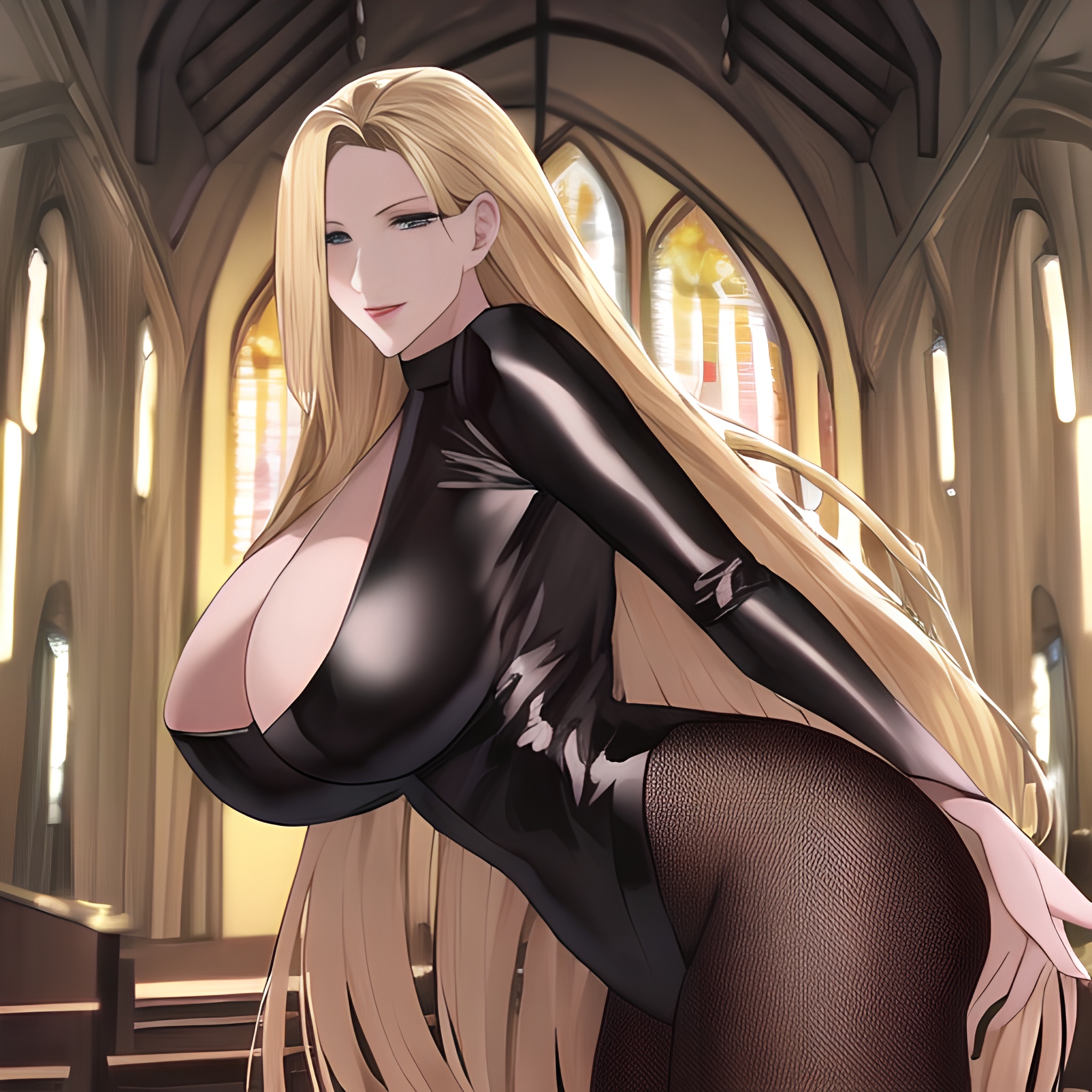 long hair blonde church fishnet front view small boobs woman nude 
