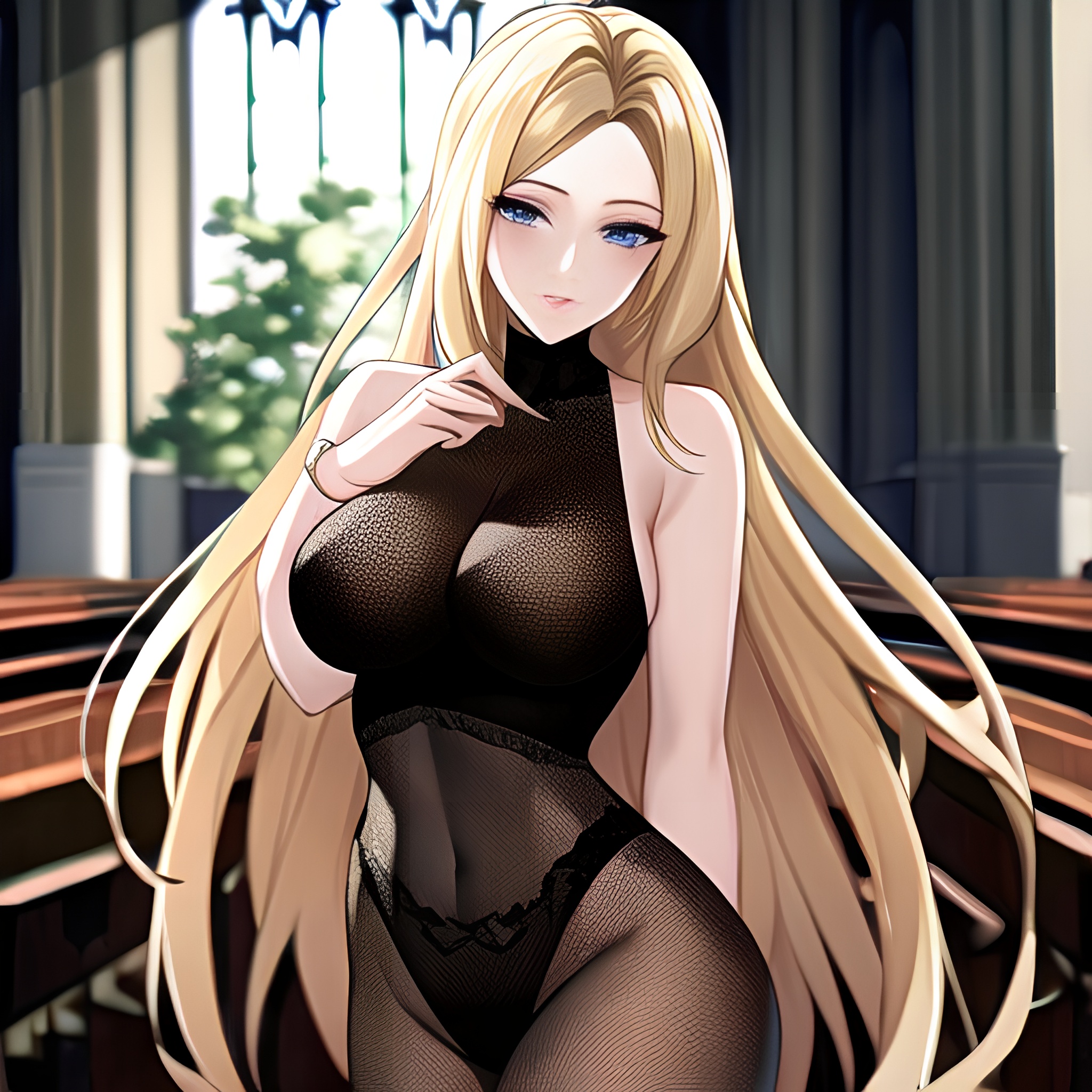 long hair blonde church fishnet woman 