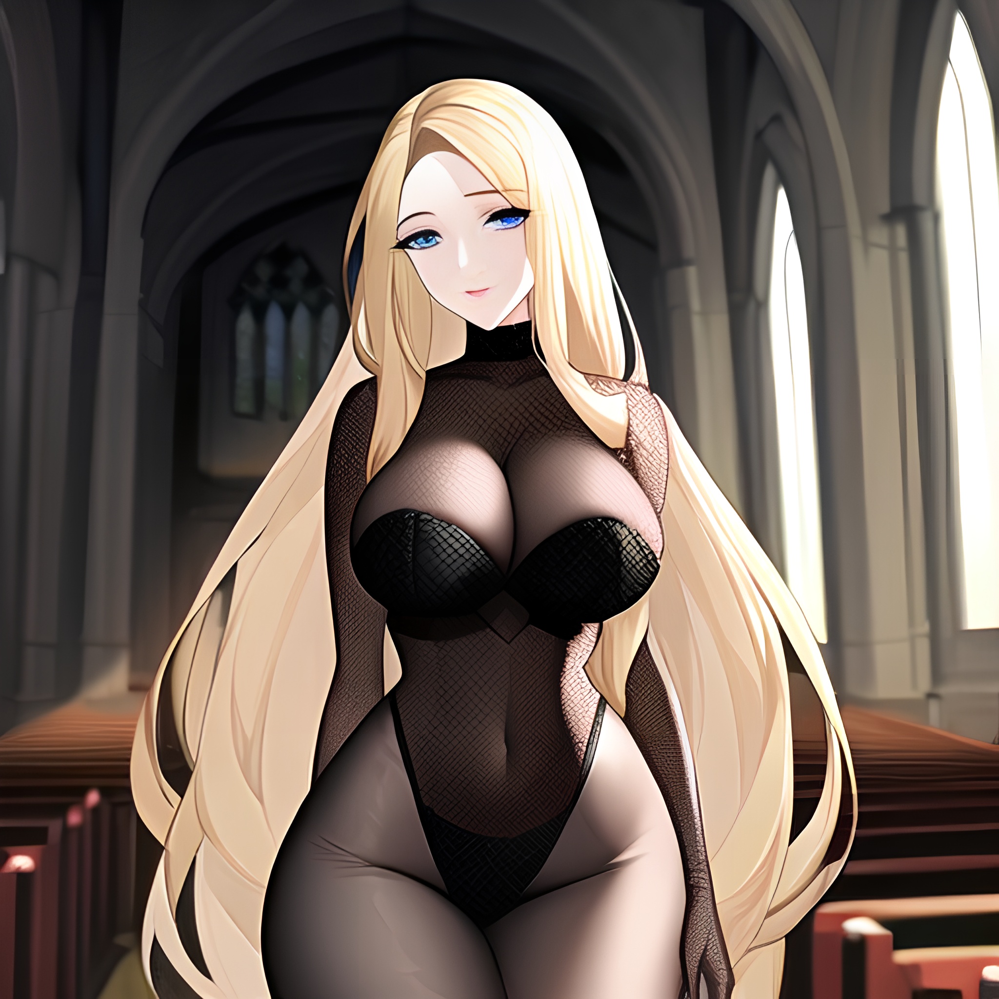 long hair blonde church fishnet woman 