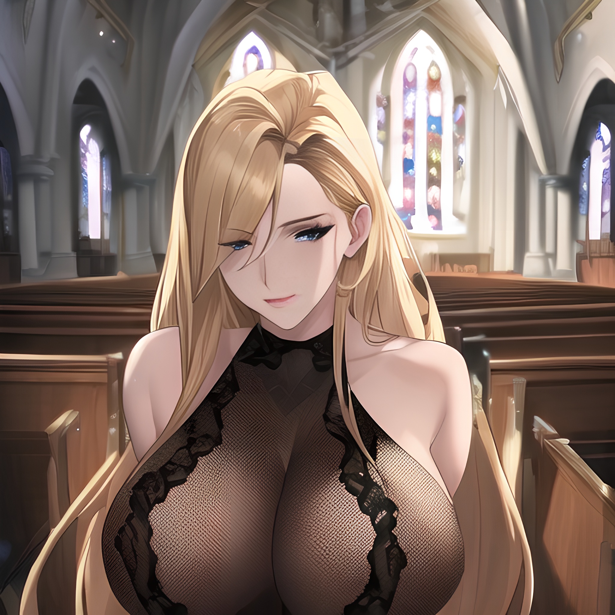 long hair blonde church small boobs front view fishnet woman nude 