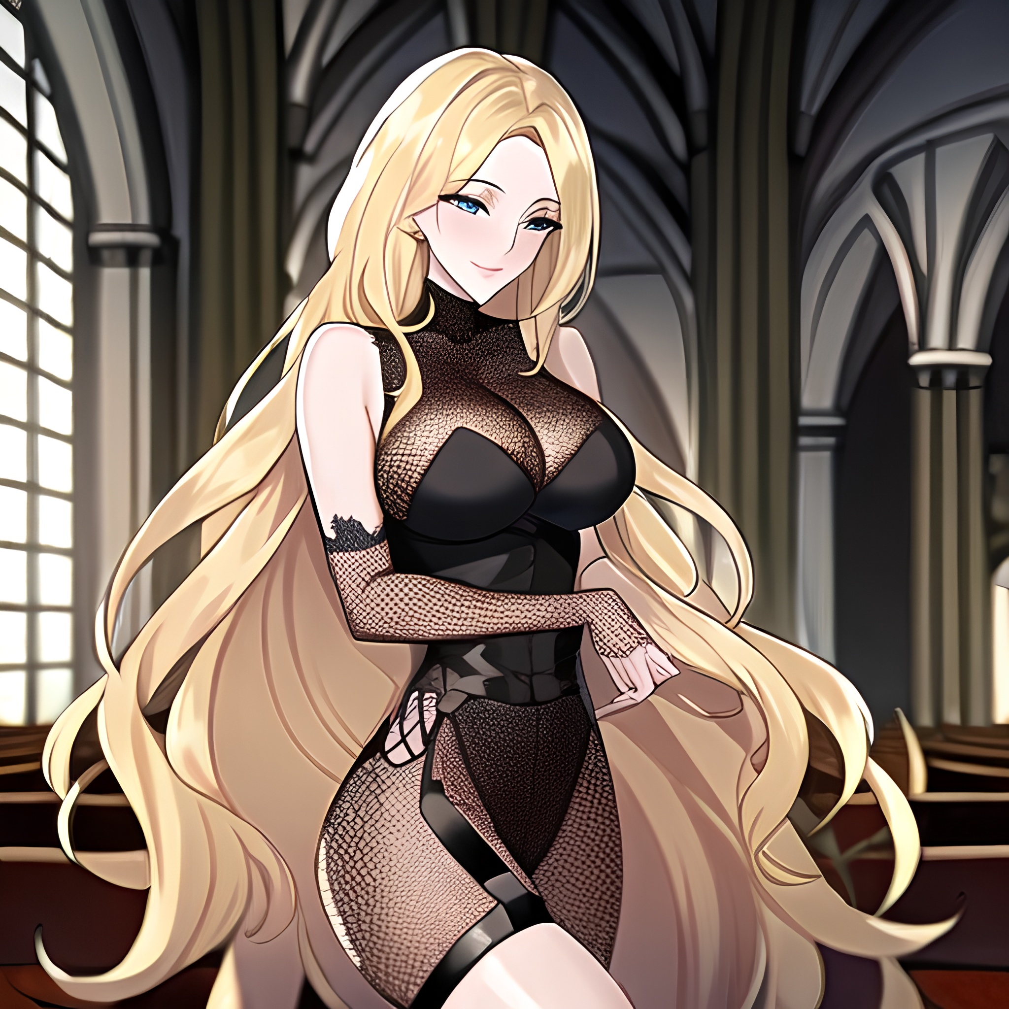 long hair blonde church woman fishnet 