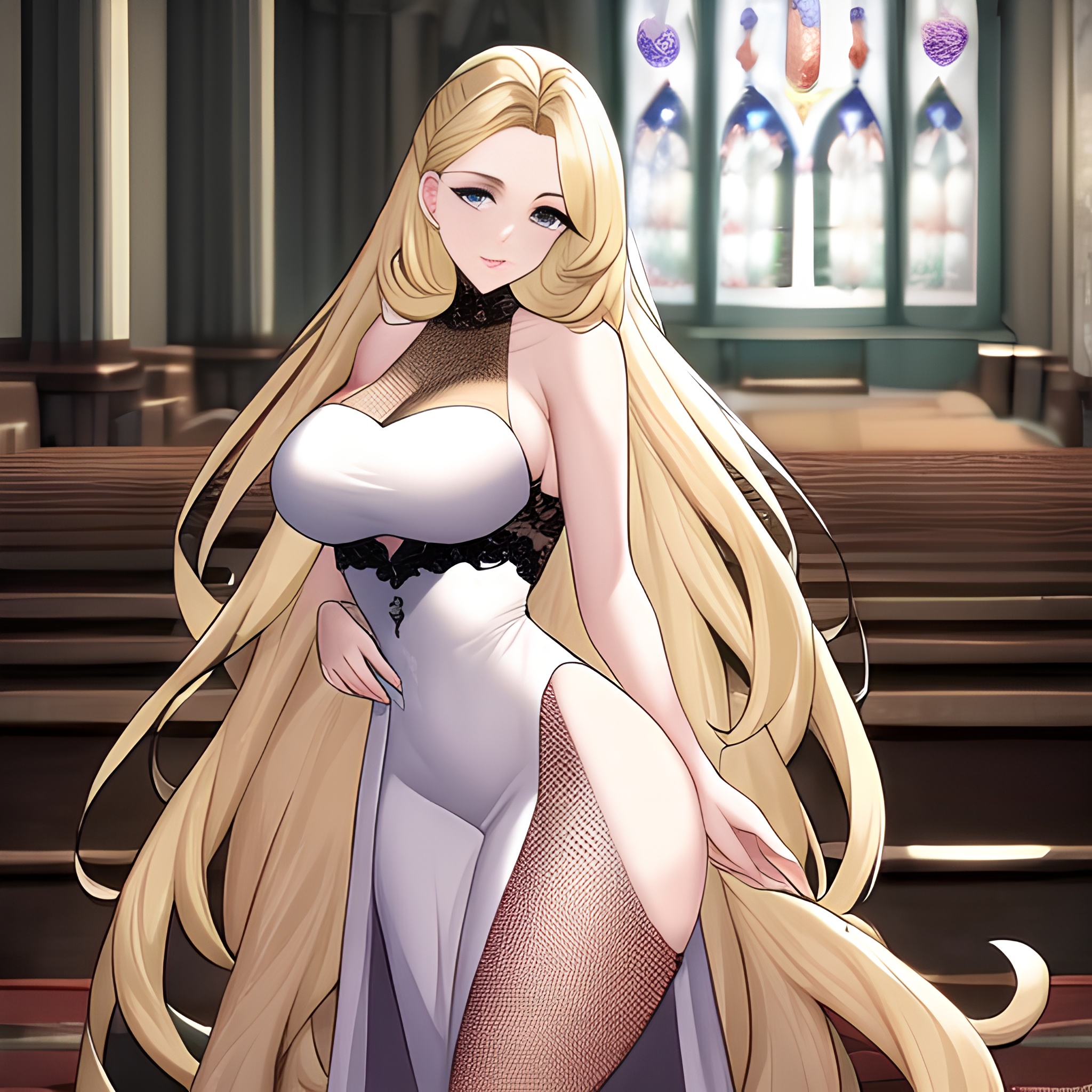 long hair blonde church woman fishnet 