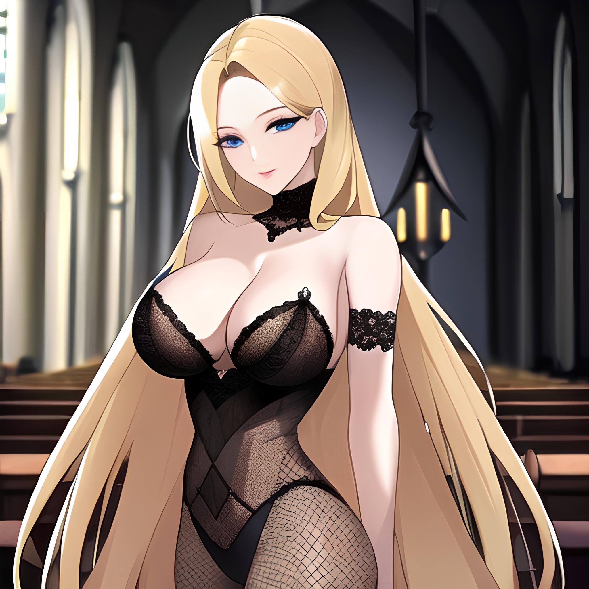 long hair blonde church woman fishnet 