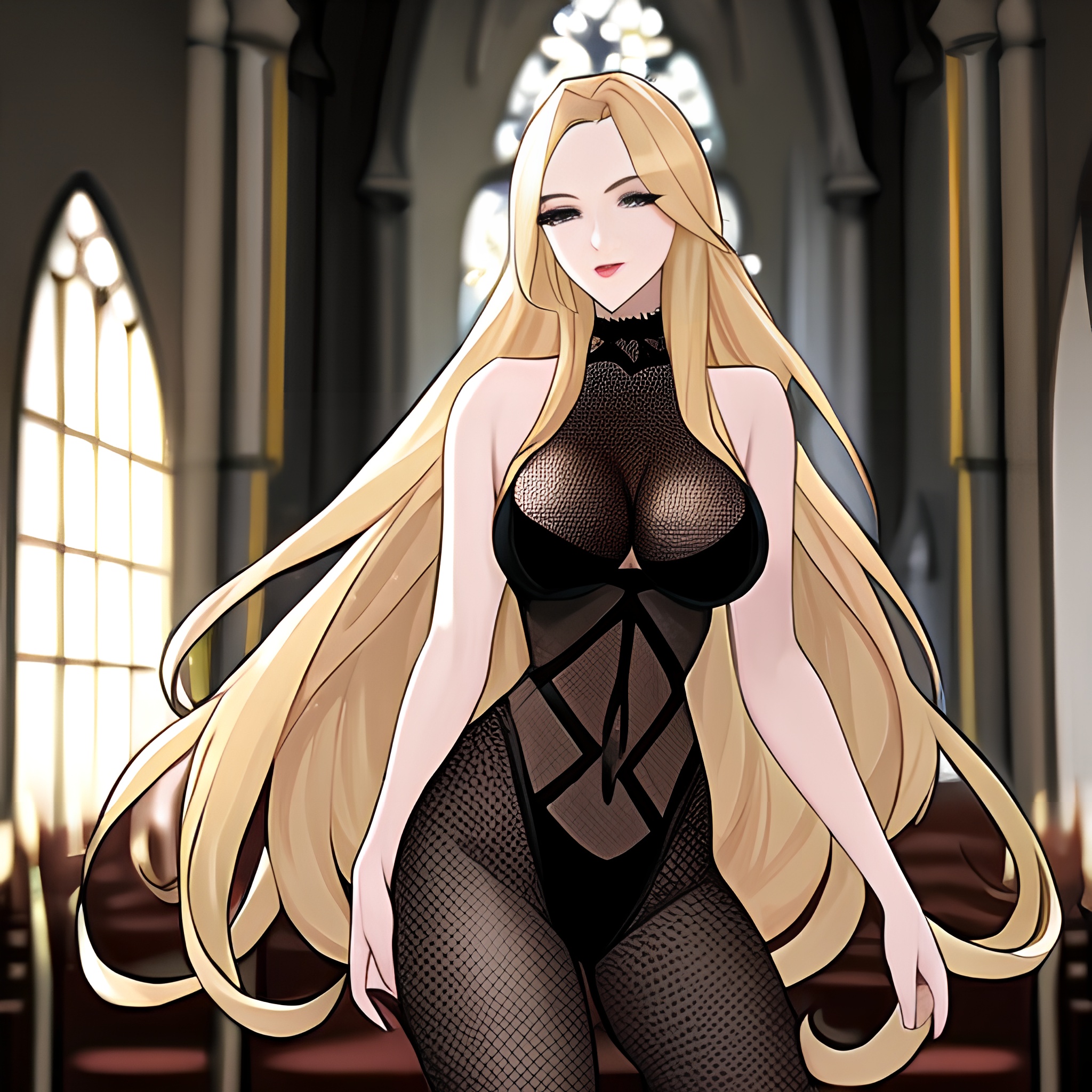 long hair blonde church woman fishnet 