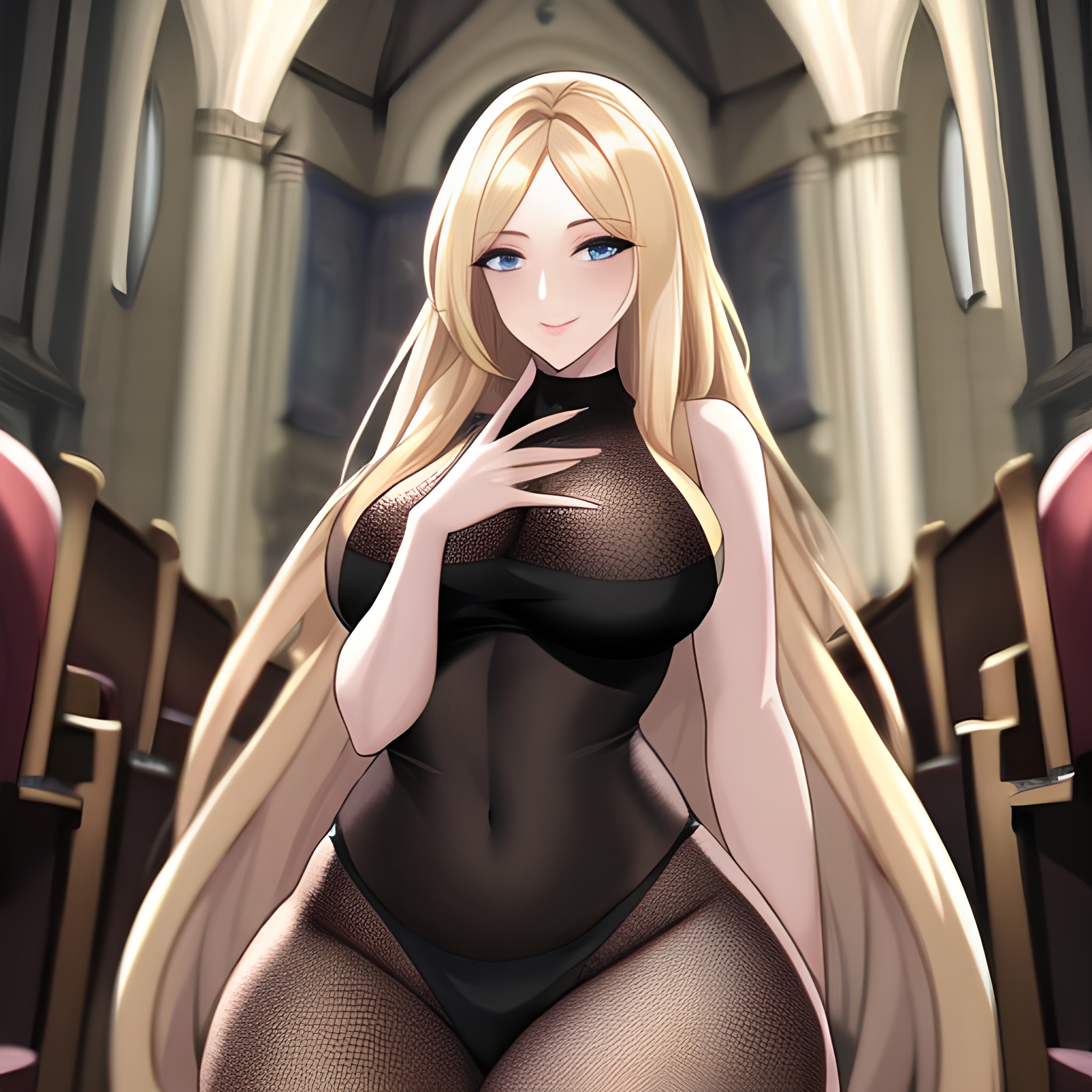 long hair blonde church woman fishnet 
