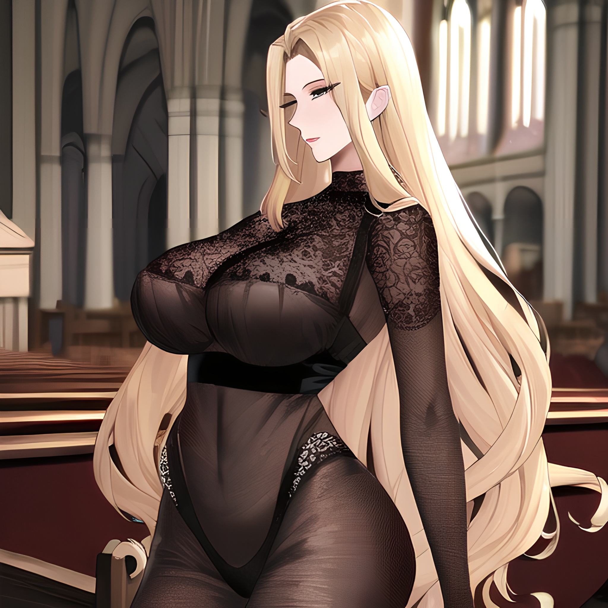 long hair blonde fishnet church front view nude small boobs woman 