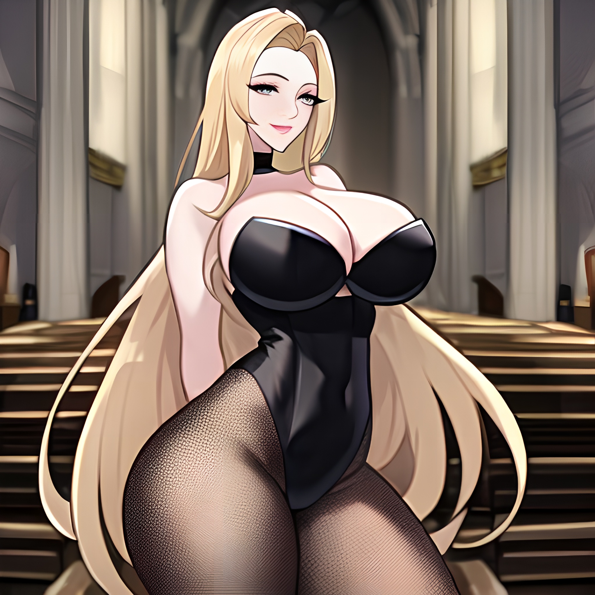 long hair blonde fishnet church woman 