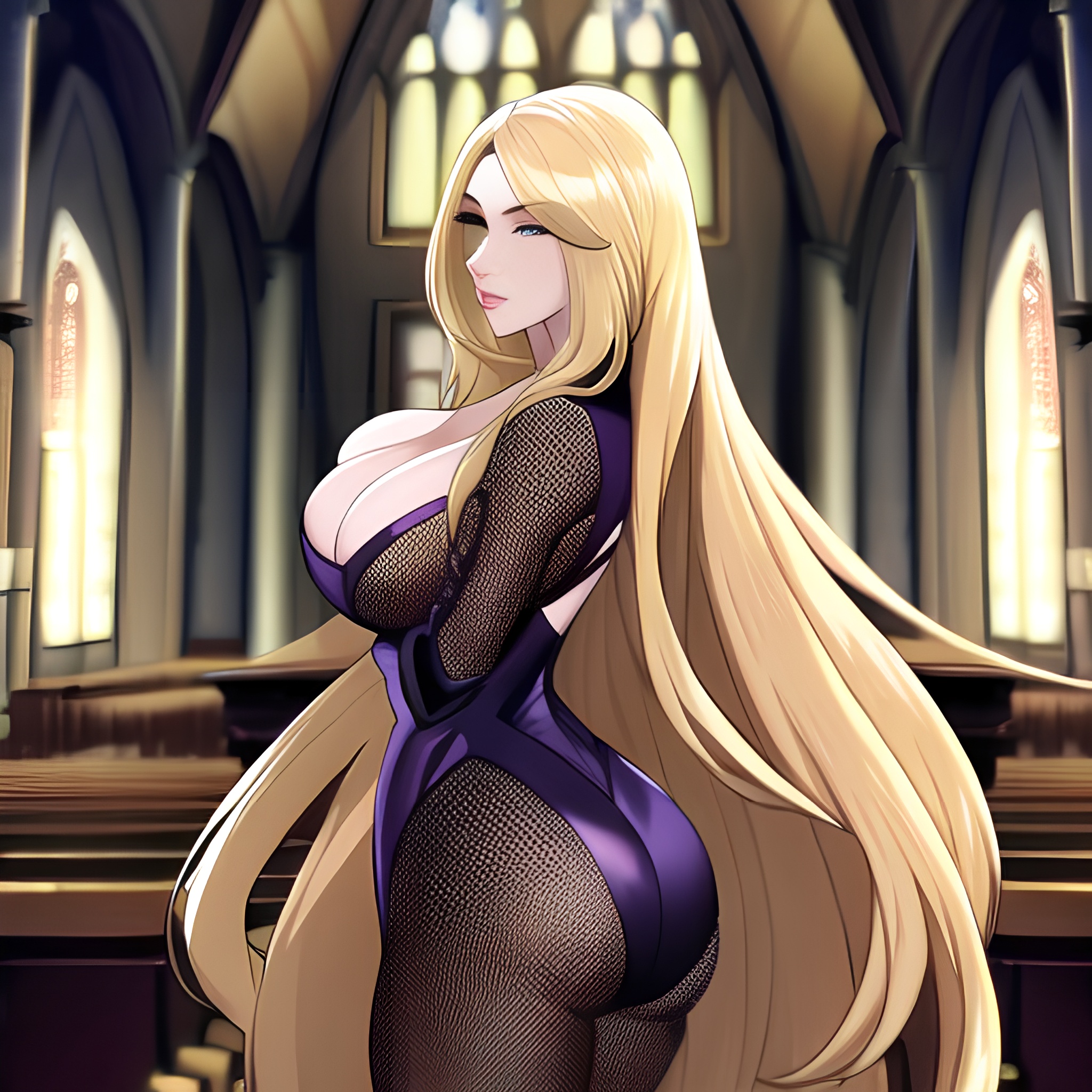 long hair blonde fishnet church woman 