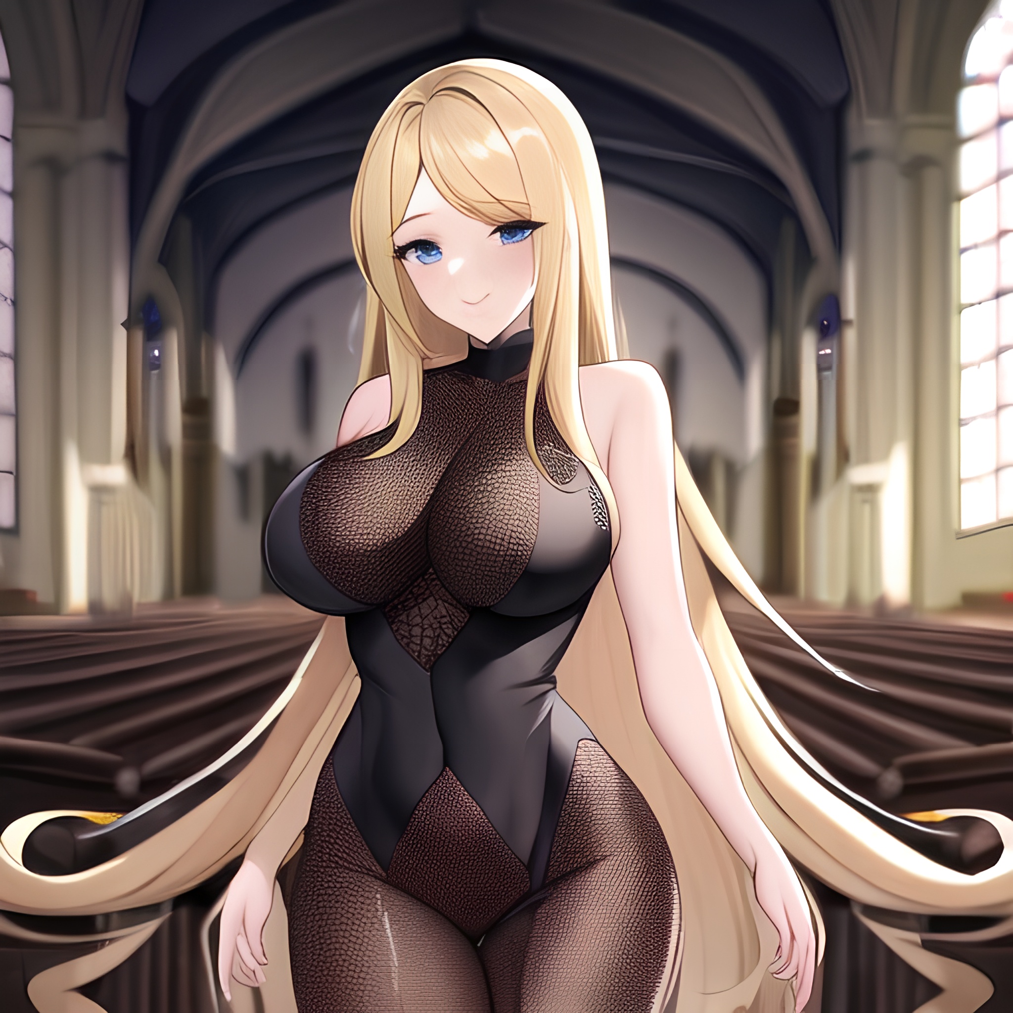 long hair blonde fishnet woman church