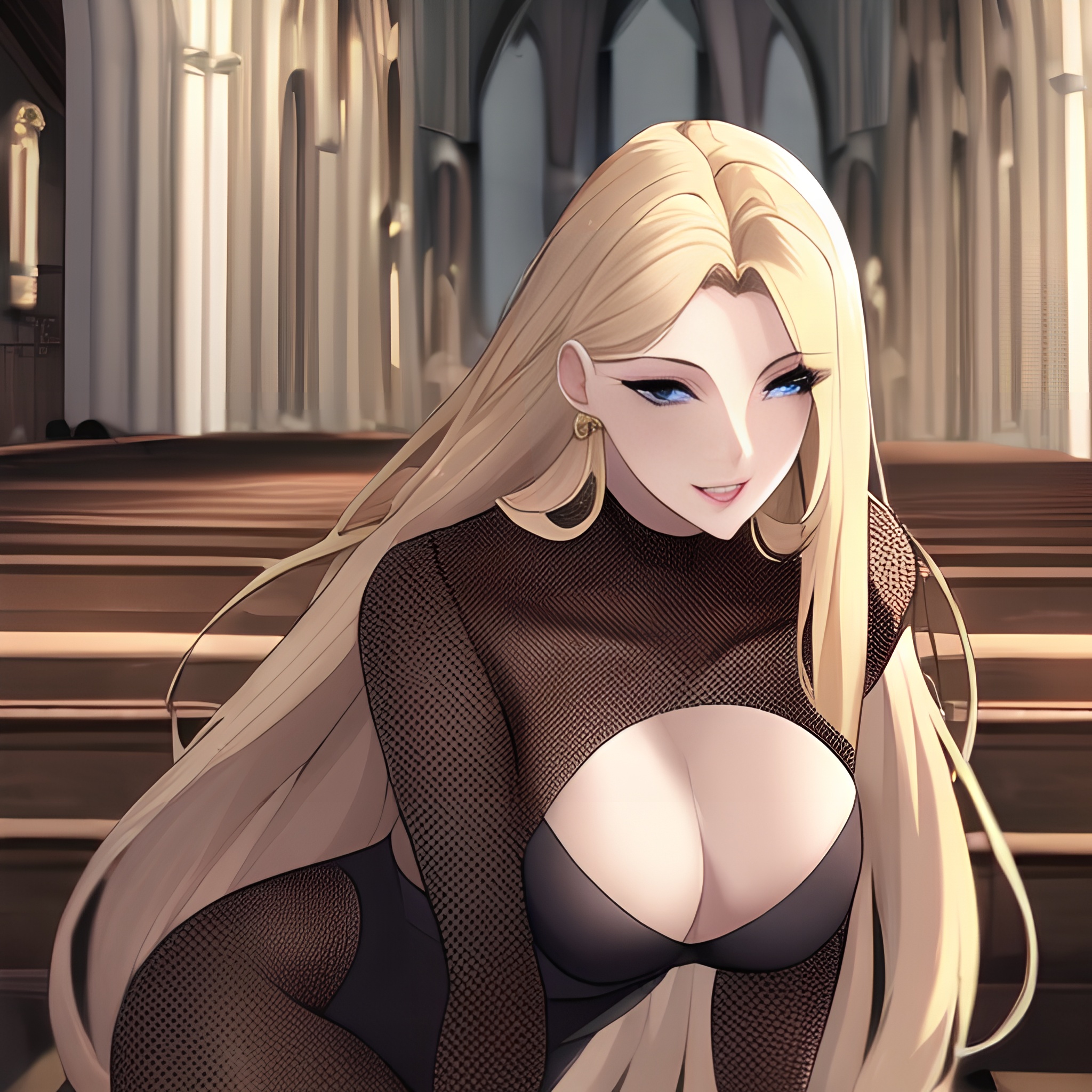 long hair blonde front view fishnet woman small boobs nude church 