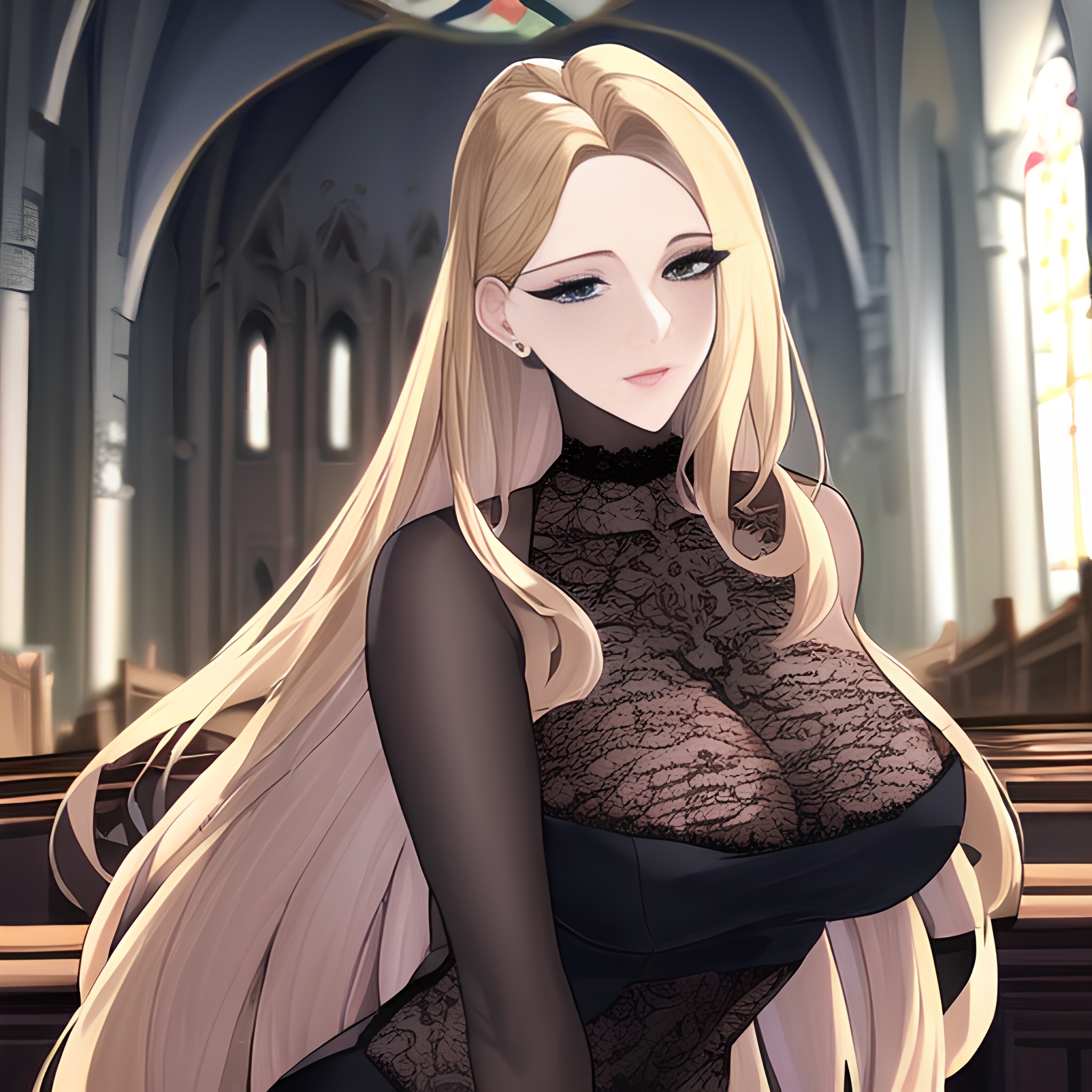 long hair blonde nude small boobs woman fishnet church front view 