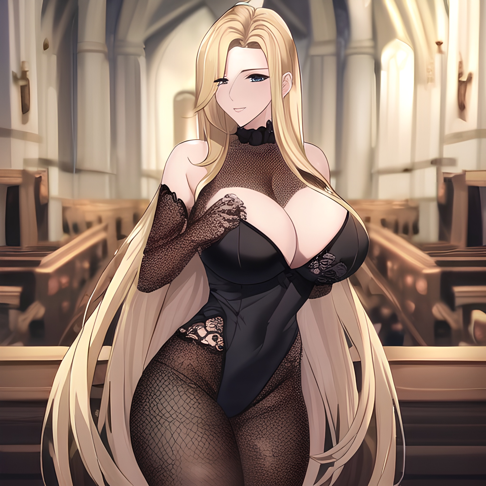 long hair blonde small boobs nude fishnet woman front view church 