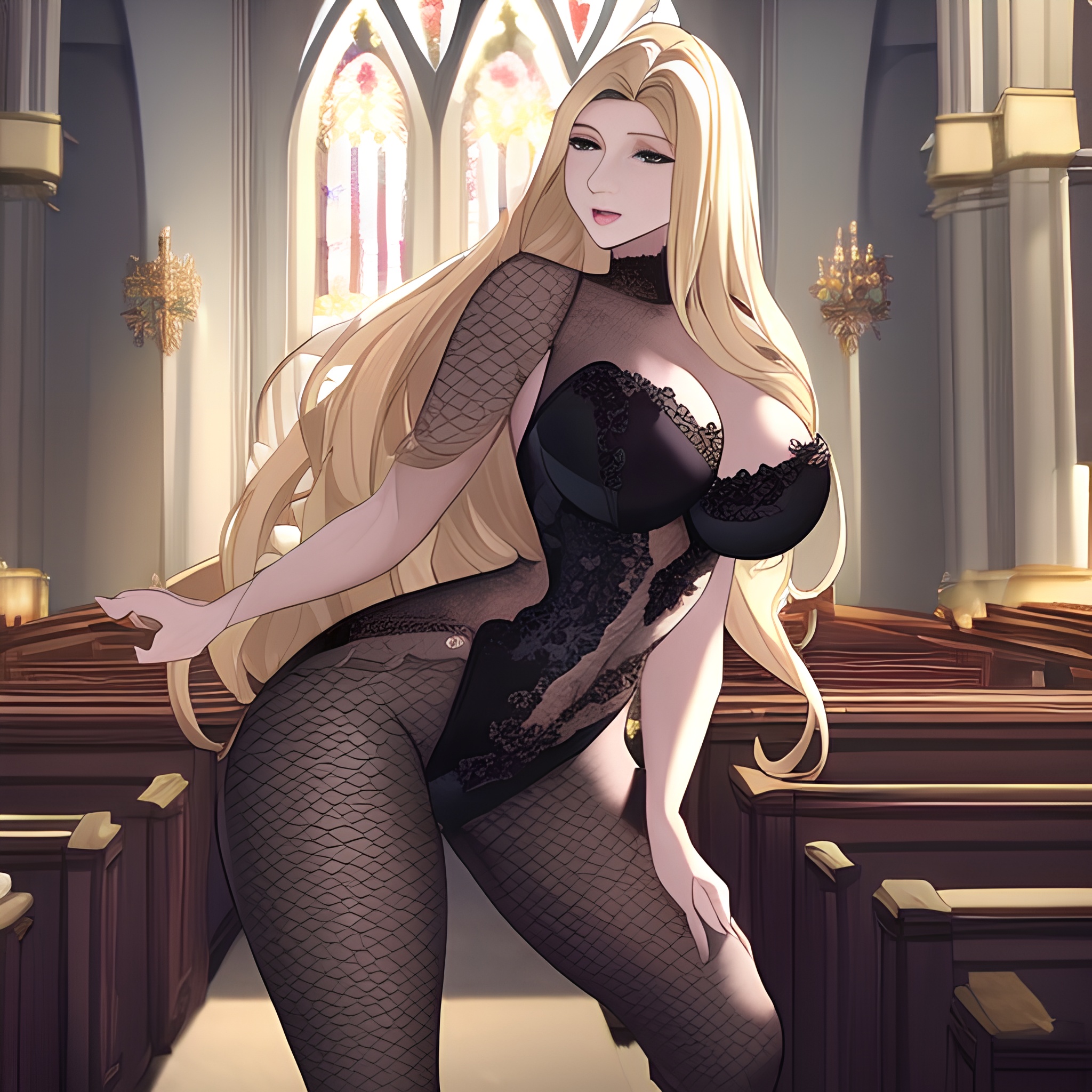 long hair blonde small boobs woman front view church fishnet nude 