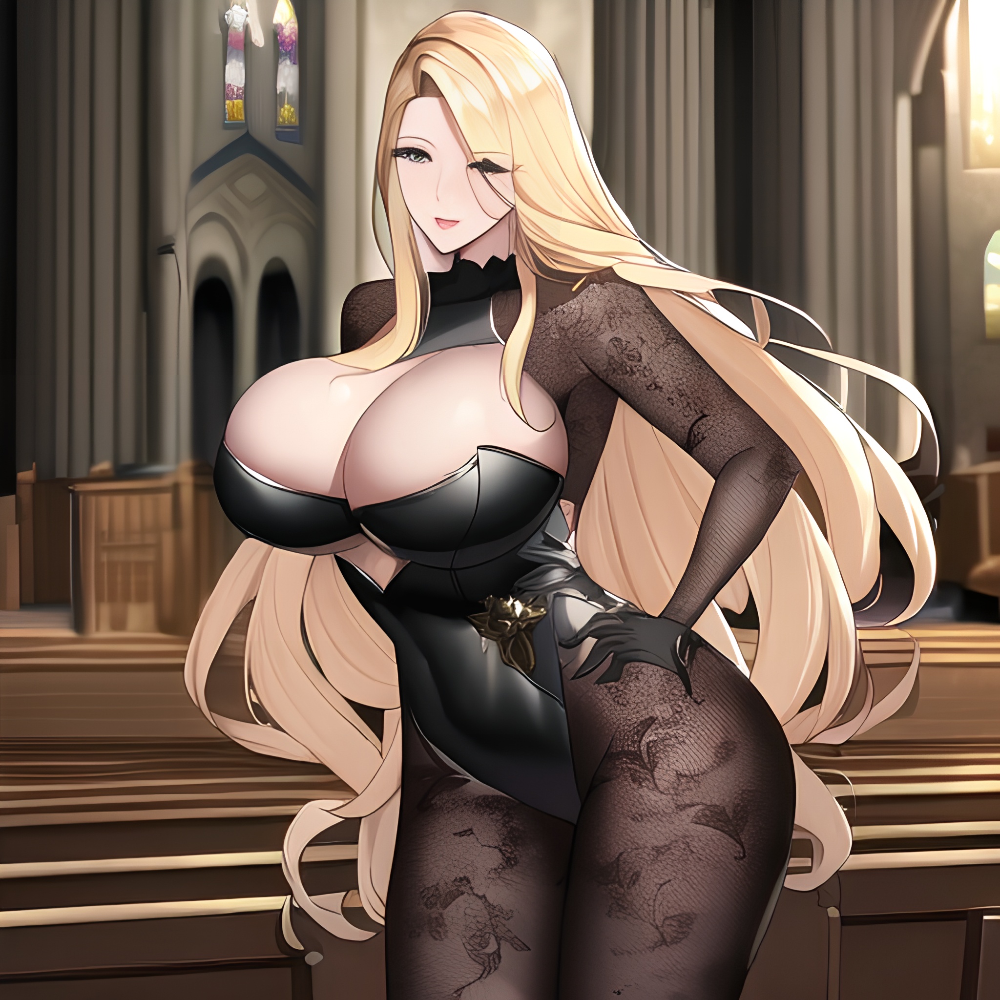 long hair blonde small boobs woman nude church fishnet front view 