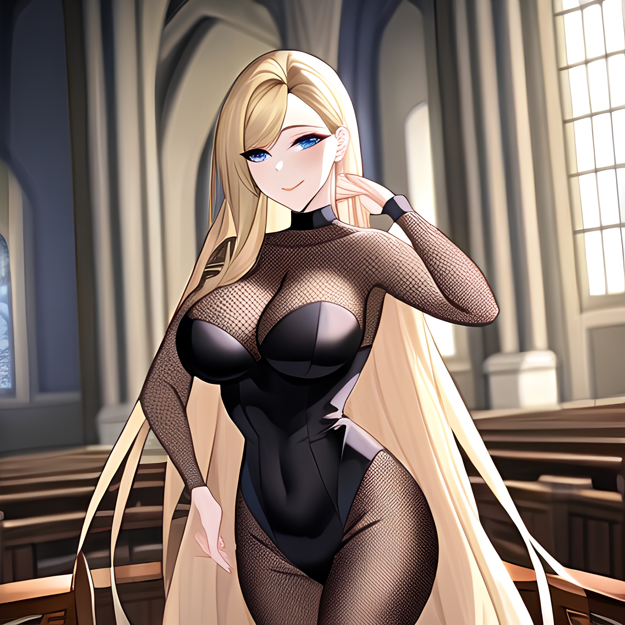 long hair blonde woman church fishnet 