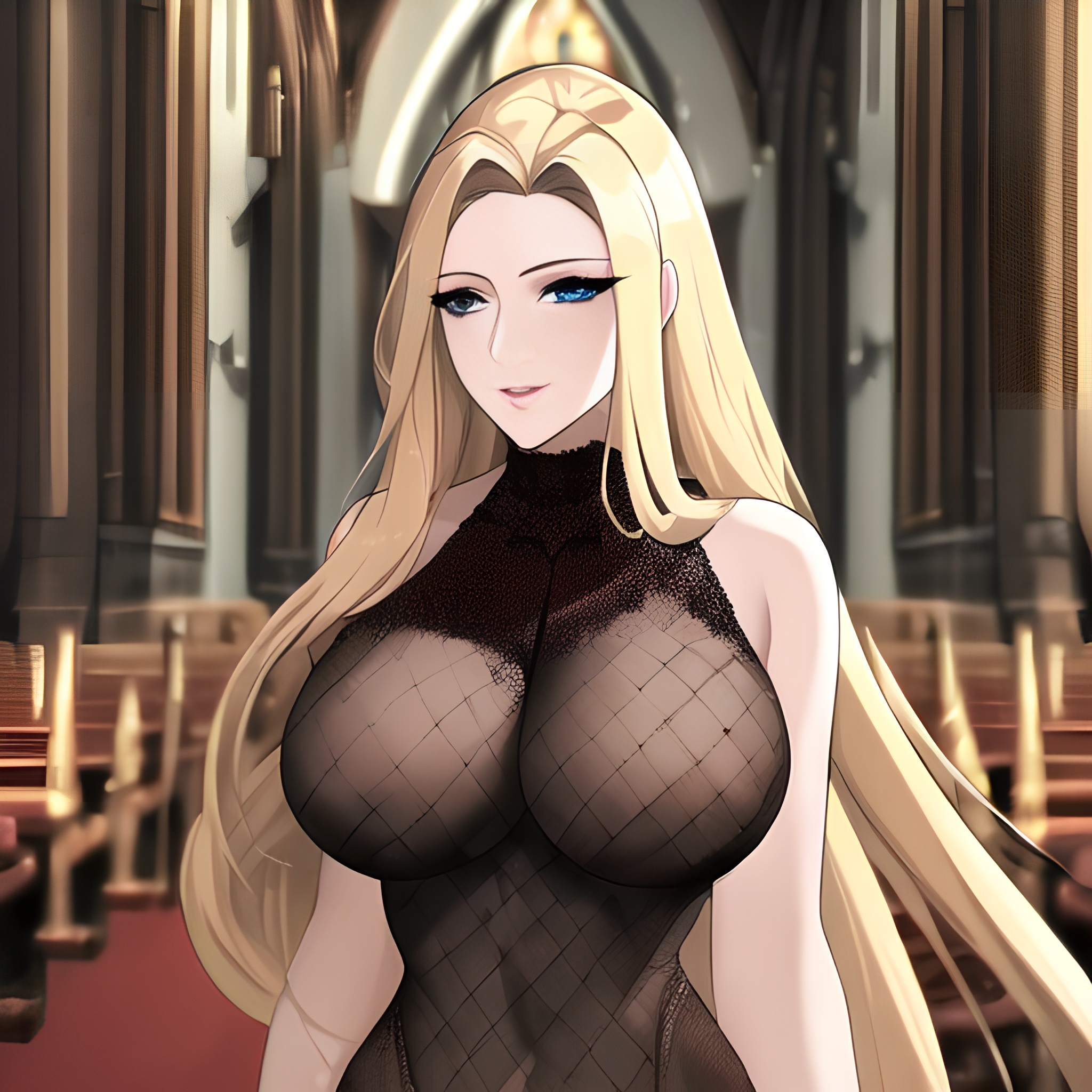 long hair blonde woman church nude front view small boobs fishnet 