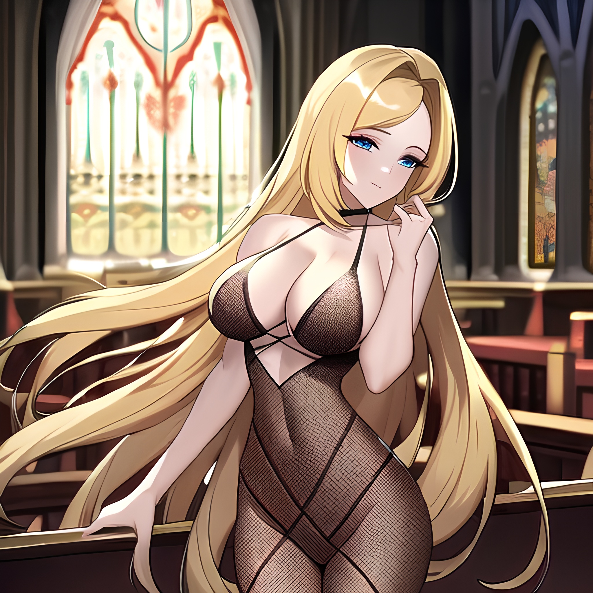 long hair blonde woman fishnet church 