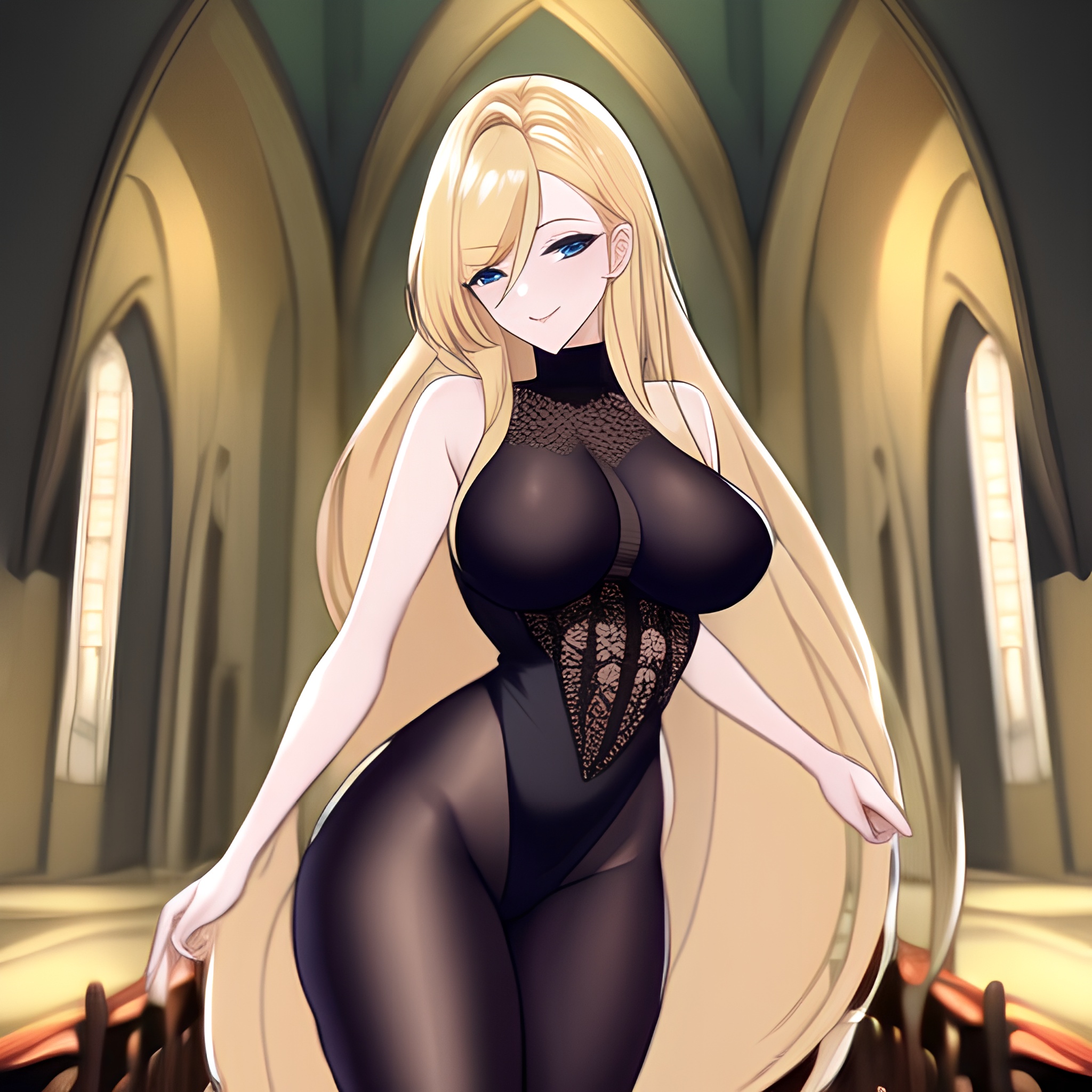 long hair blonde woman fishnet church 