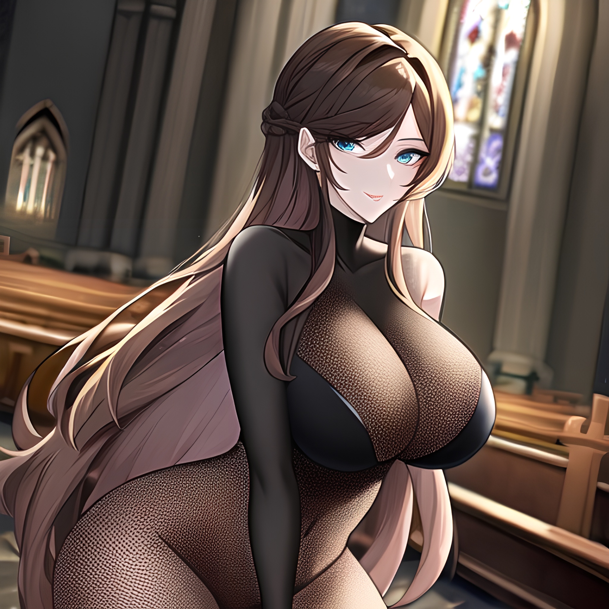 long hair brunette church fishnet messy hair woman 