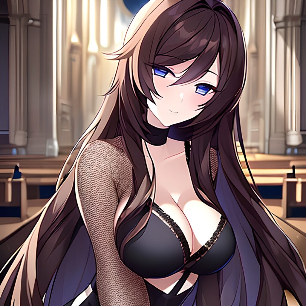 long hair brunette church fishnet woman messy hair 