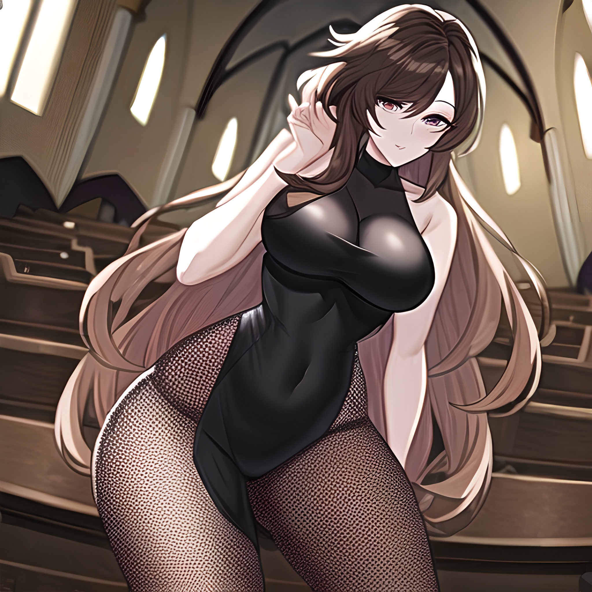 long hair brunette church fishnet woman messy hair 
