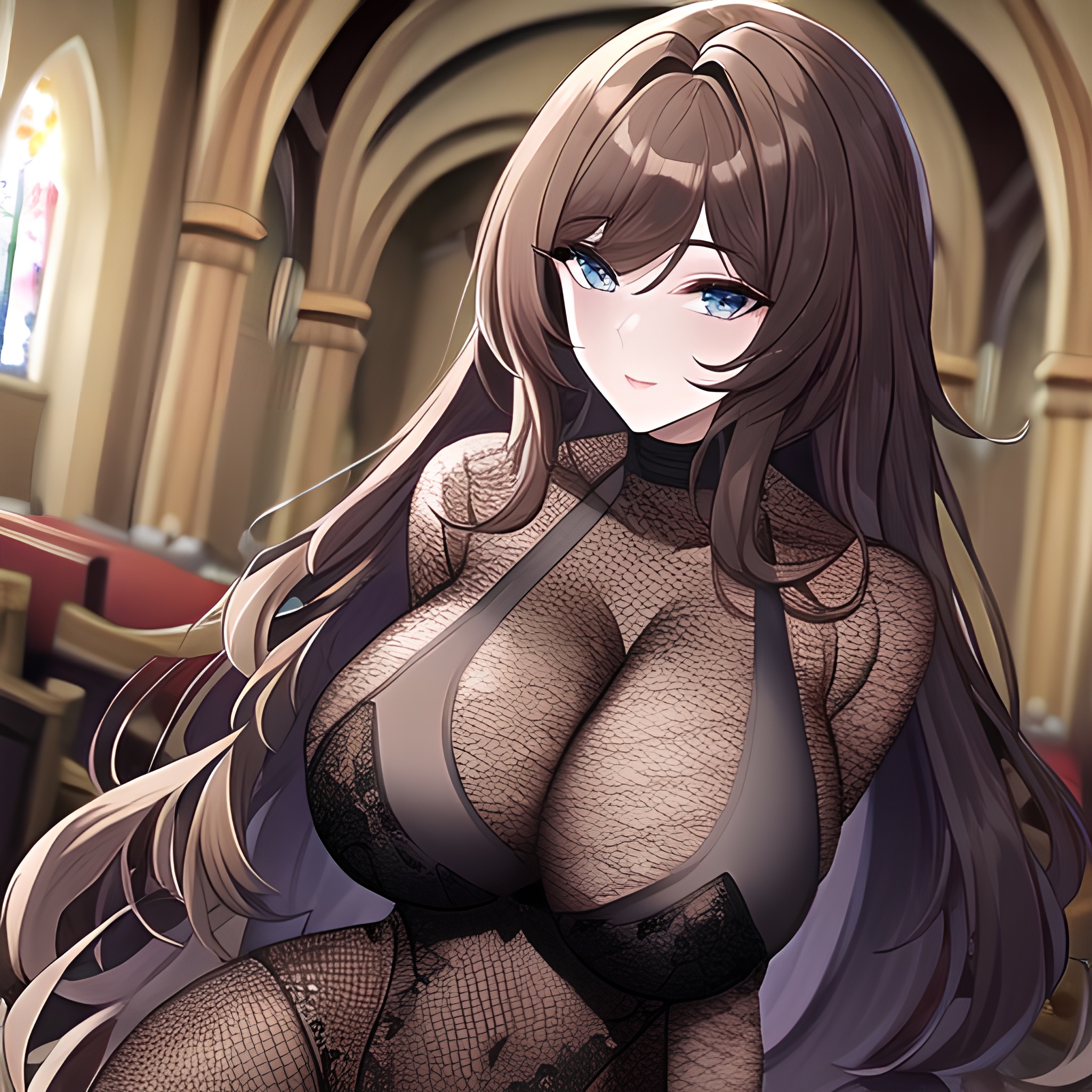 long hair brunette church fishnet woman messy hair 