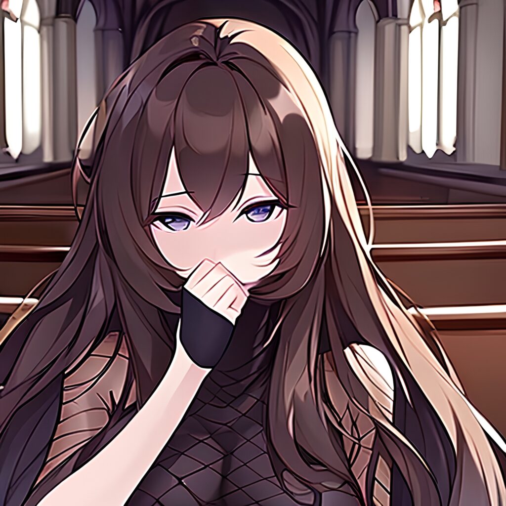 long hair brunette church messy hair fishnet woman 