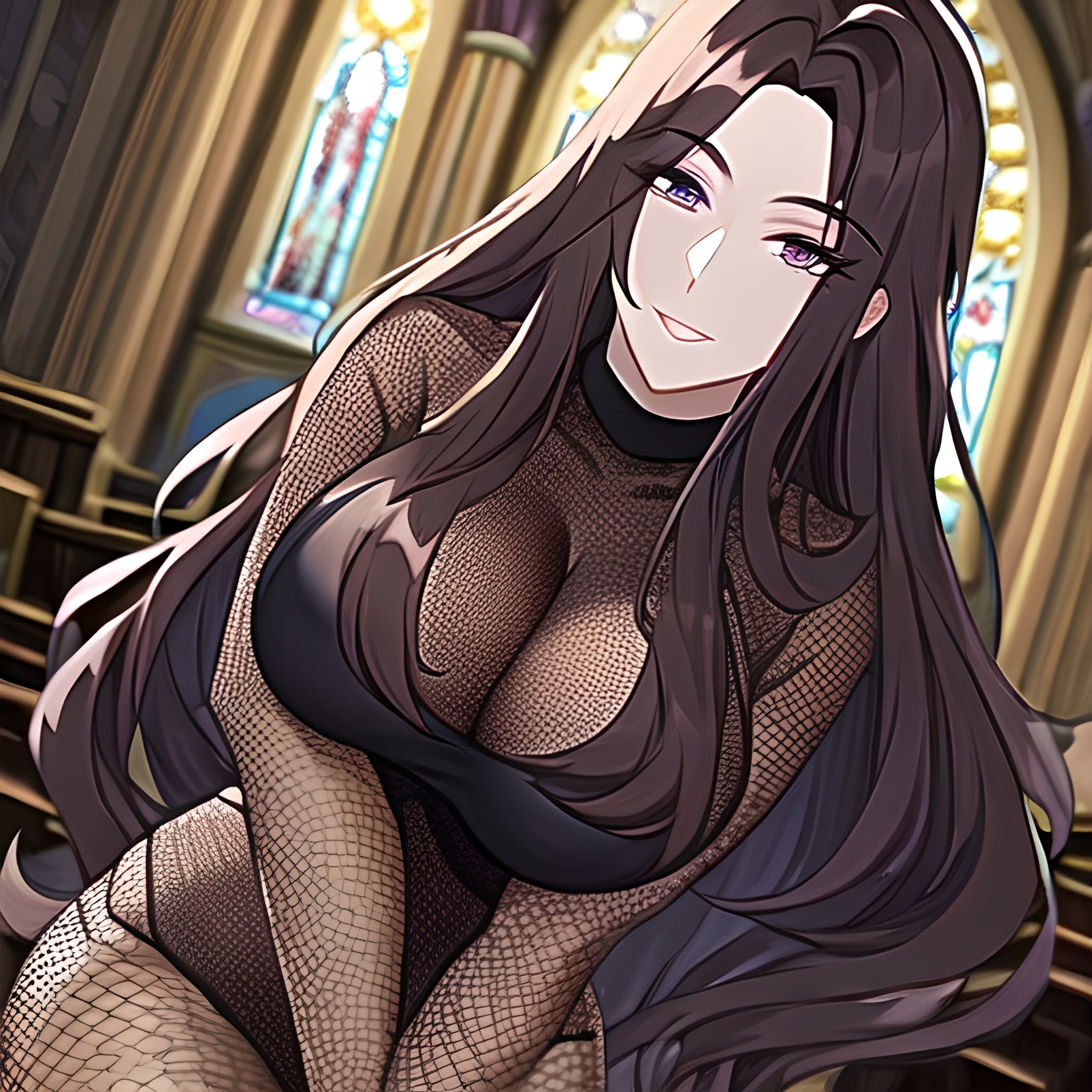 long hair brunette church messy hair woman fishnet 