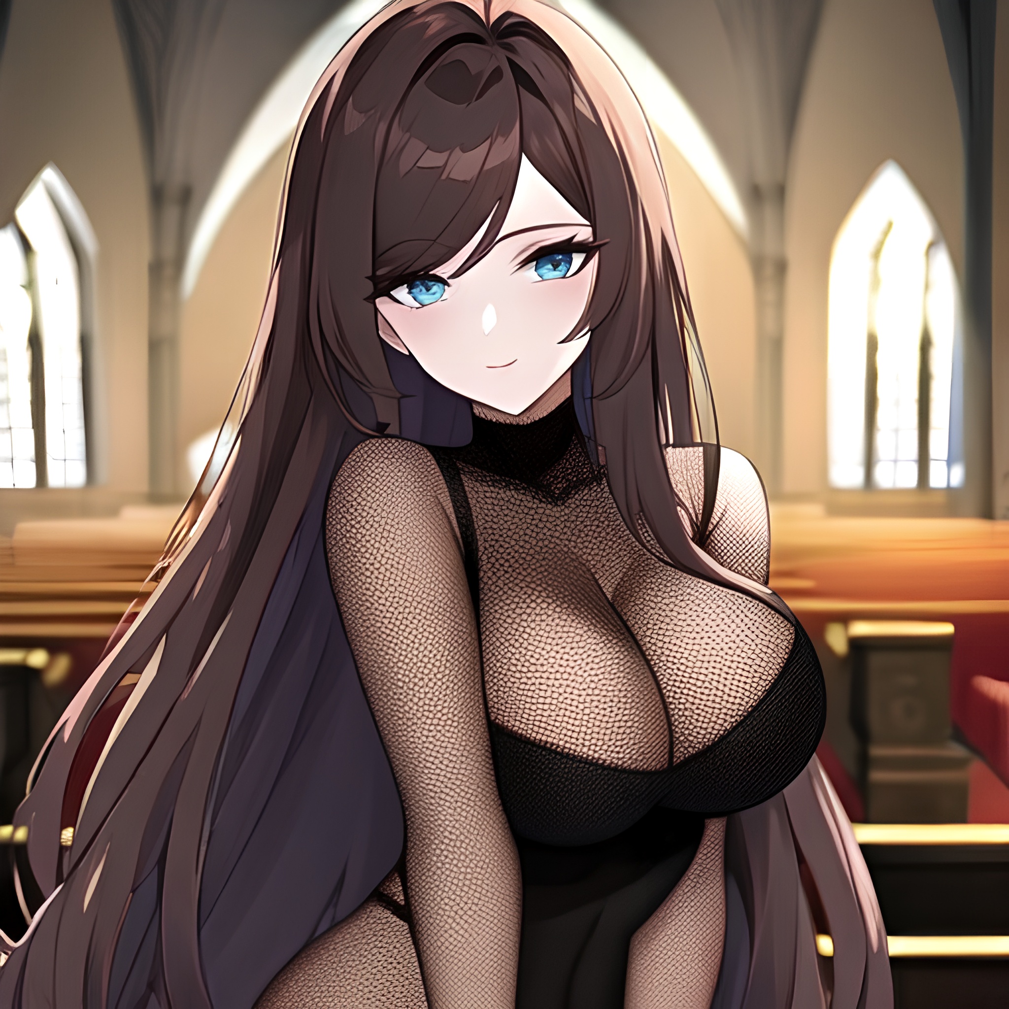 long hair brunette church messy hair woman fishnet 