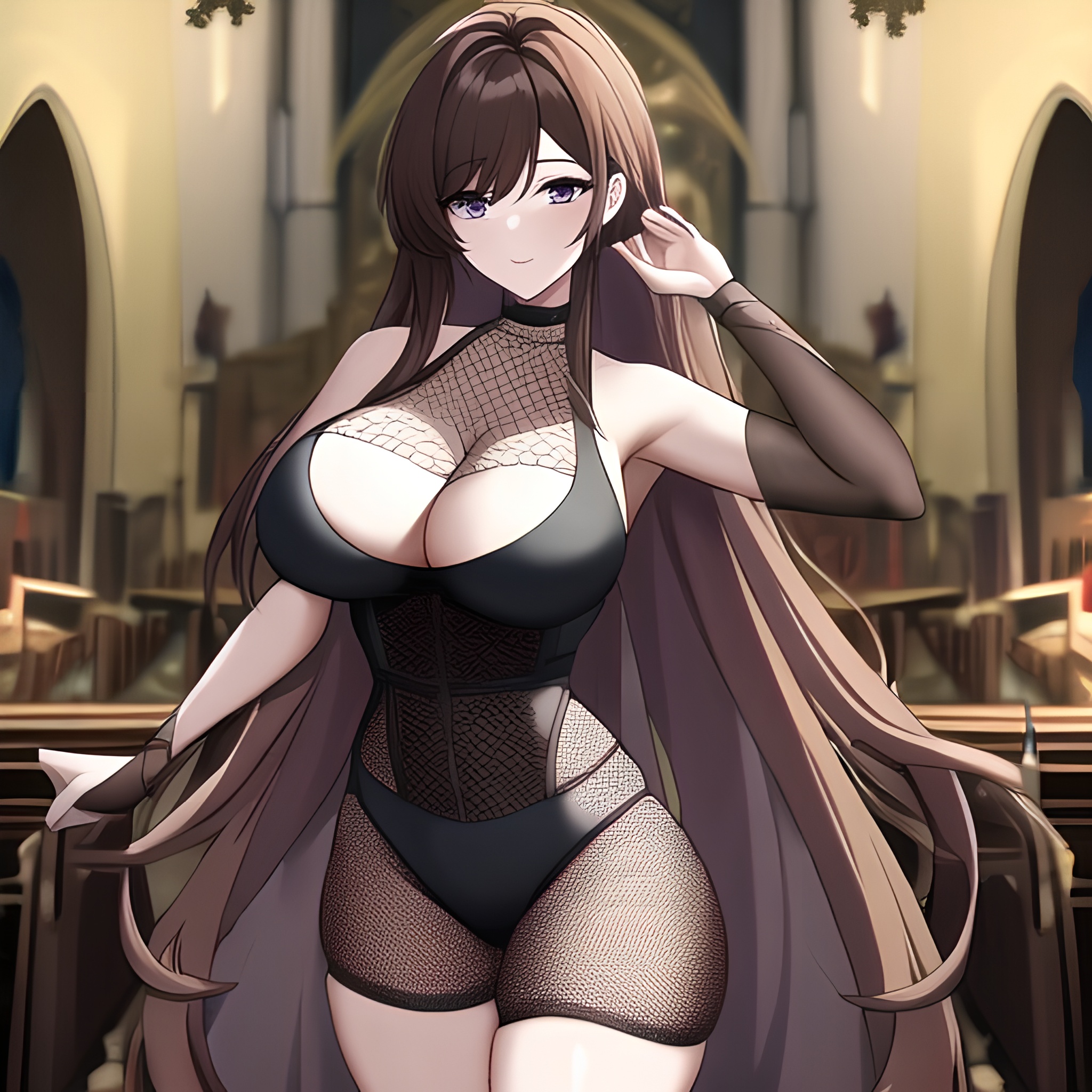 long hair brunette church messy hair woman fishnet 