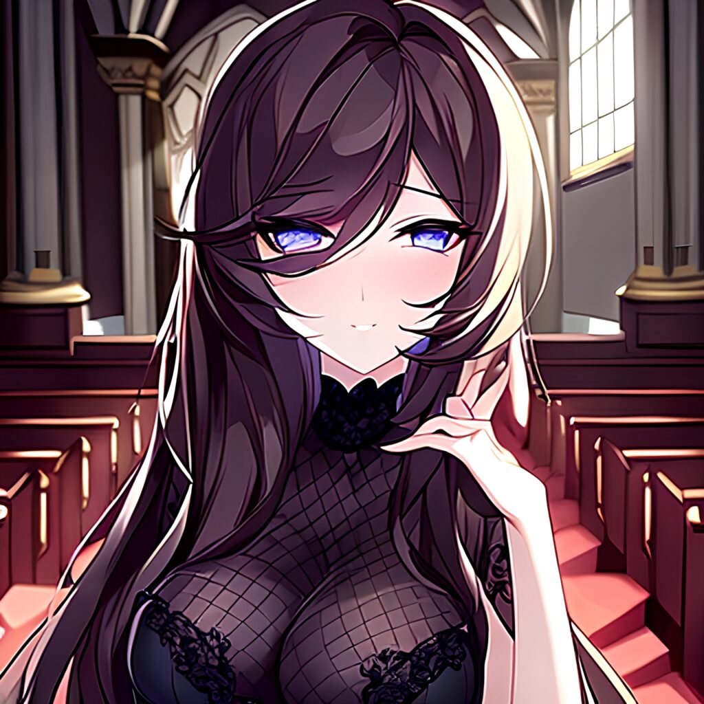 long hair brunette church woman fishnet messy hair 