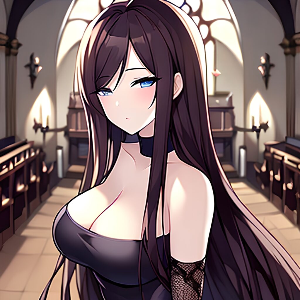 long hair brunette church woman fishnet messy hair 