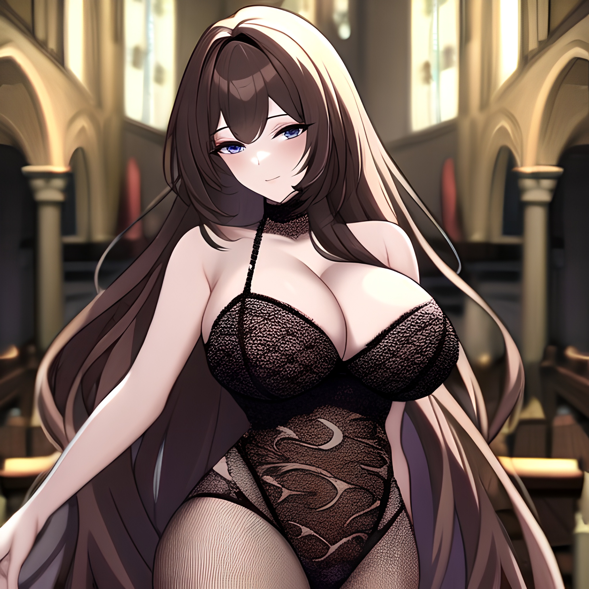 long hair brunette church woman fishnet messy hair 