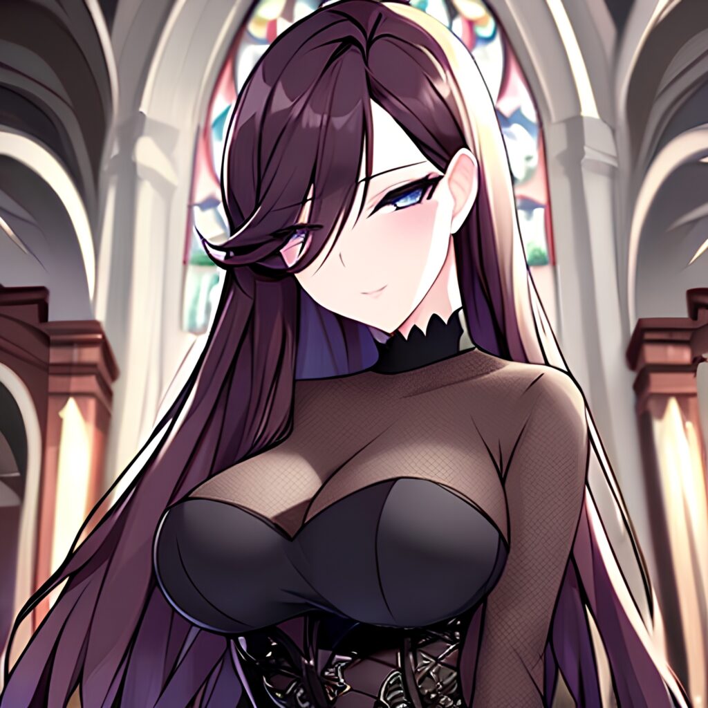 long hair brunette church woman messy hair fishnet