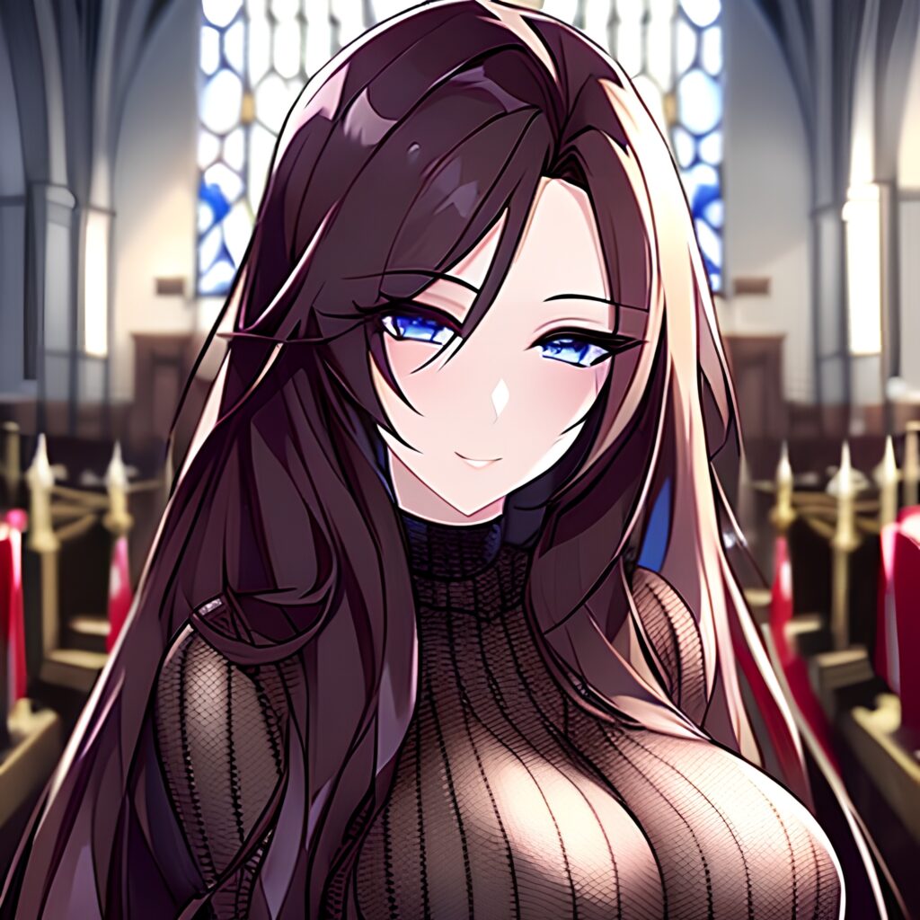 long hair brunette church woman messy hair fishnet 