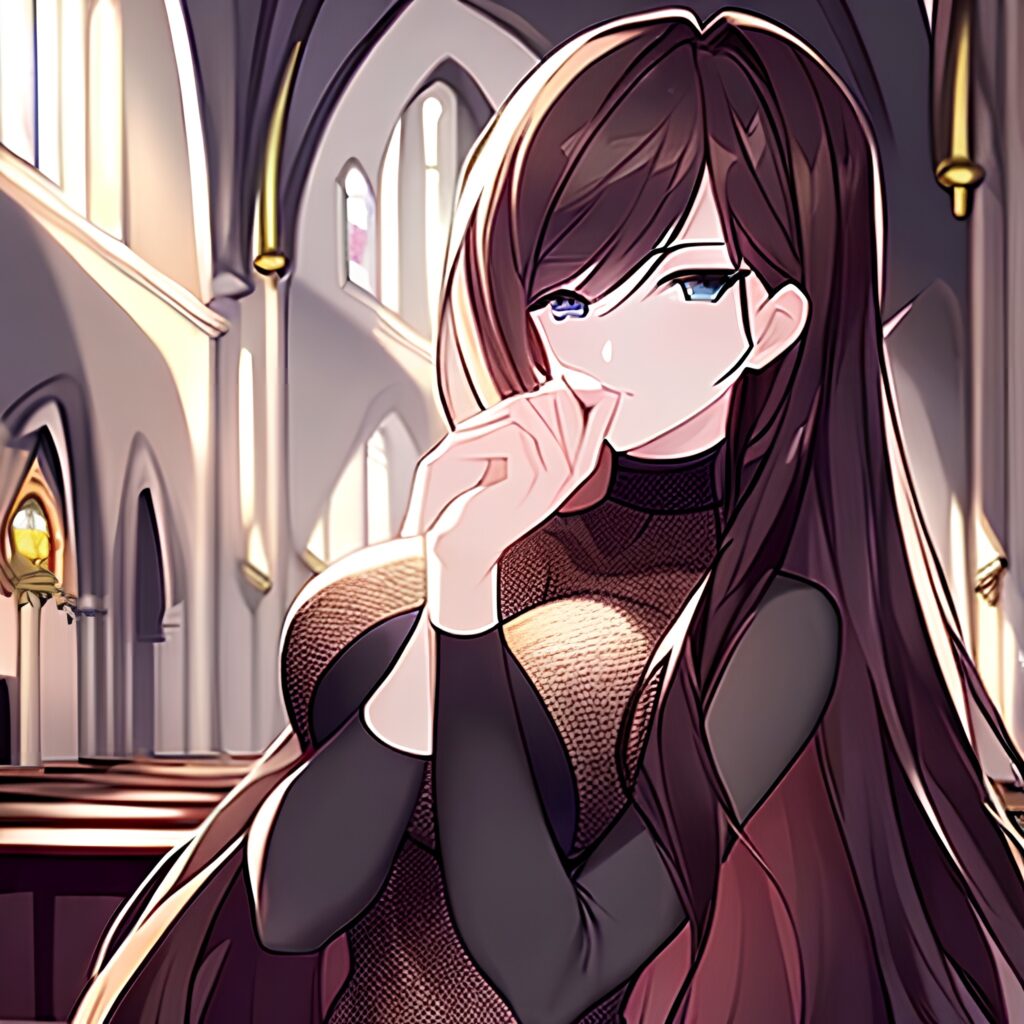 long hair brunette fishnet church messy hair woman 