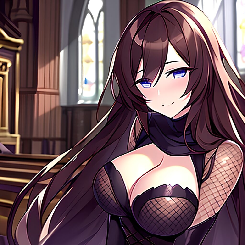 long hair brunette fishnet church messy hair woman 