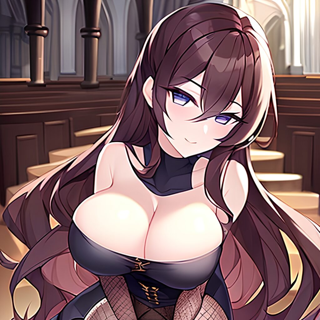 long hair brunette fishnet church messy hair woman 