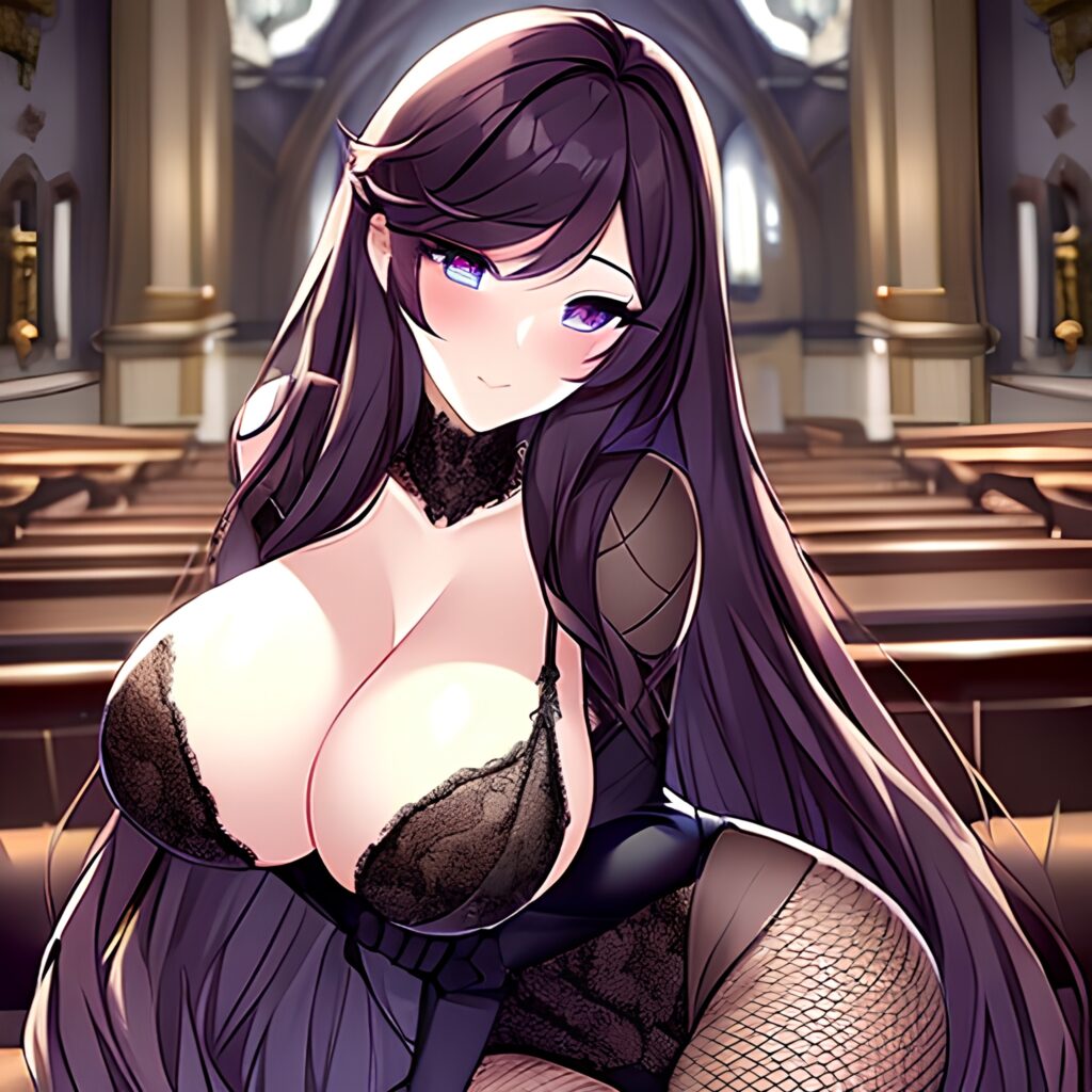 long hair brunette fishnet church woman messy hair 
