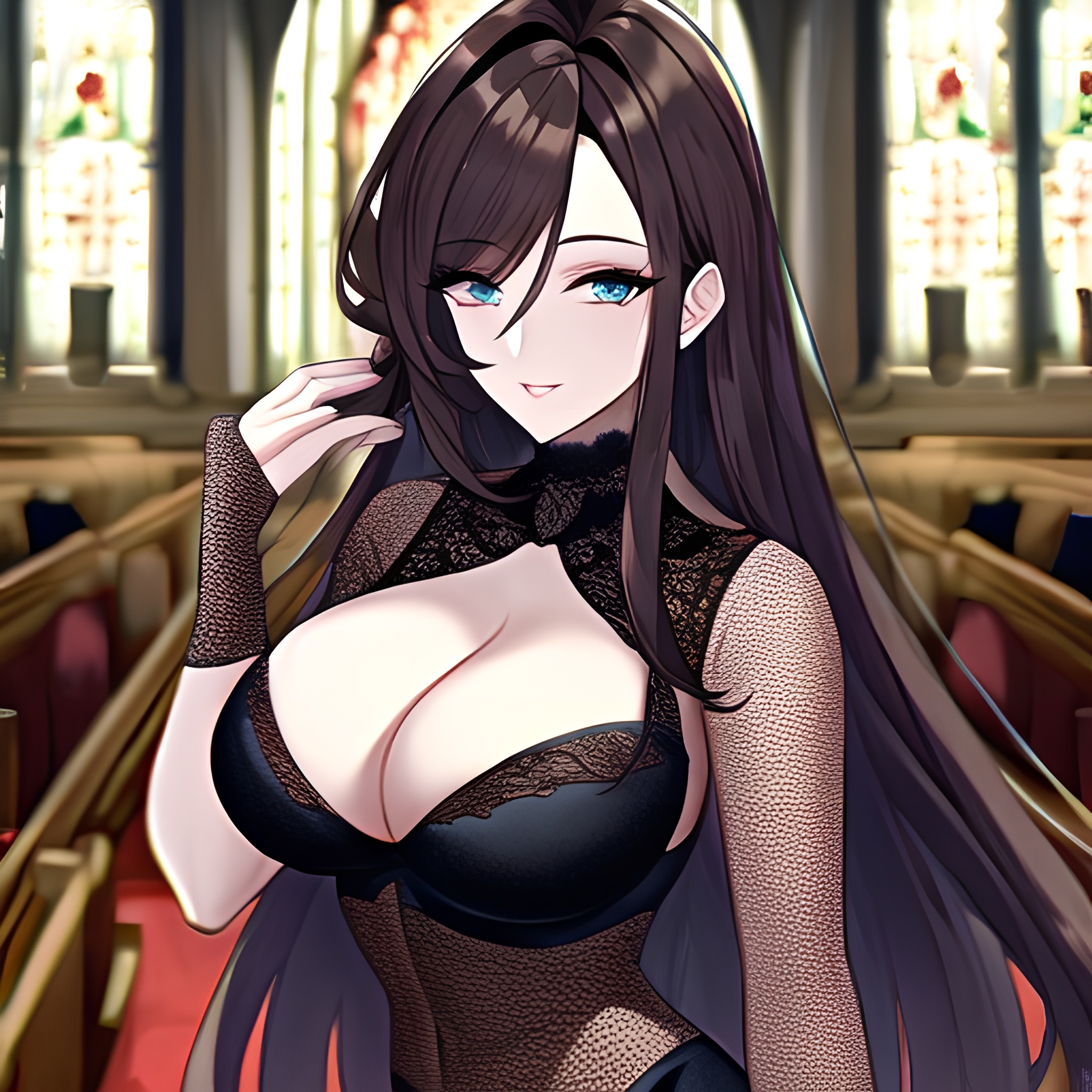 long hair brunette fishnet church woman messy hair 