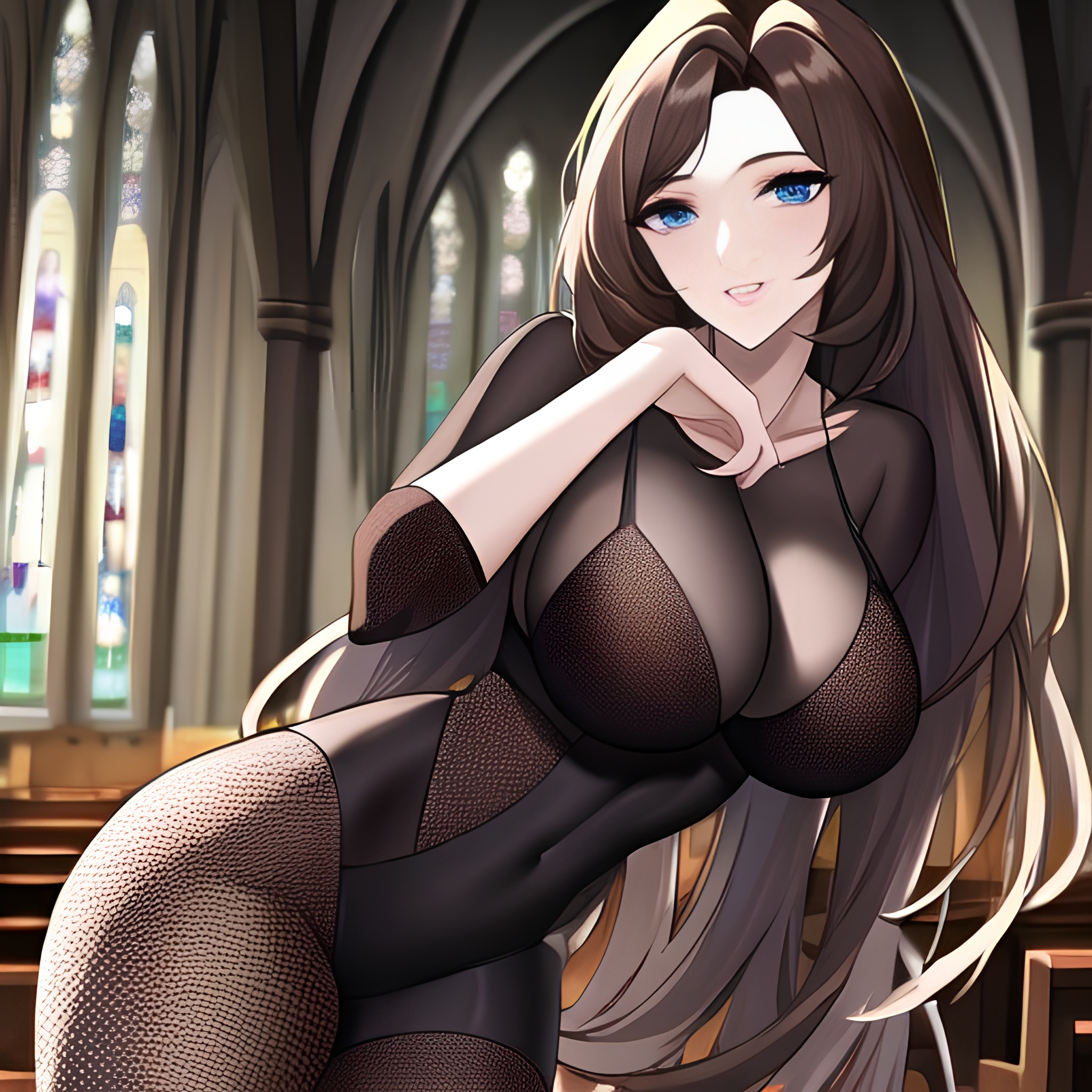 long hair brunette fishnet church woman messy hair 