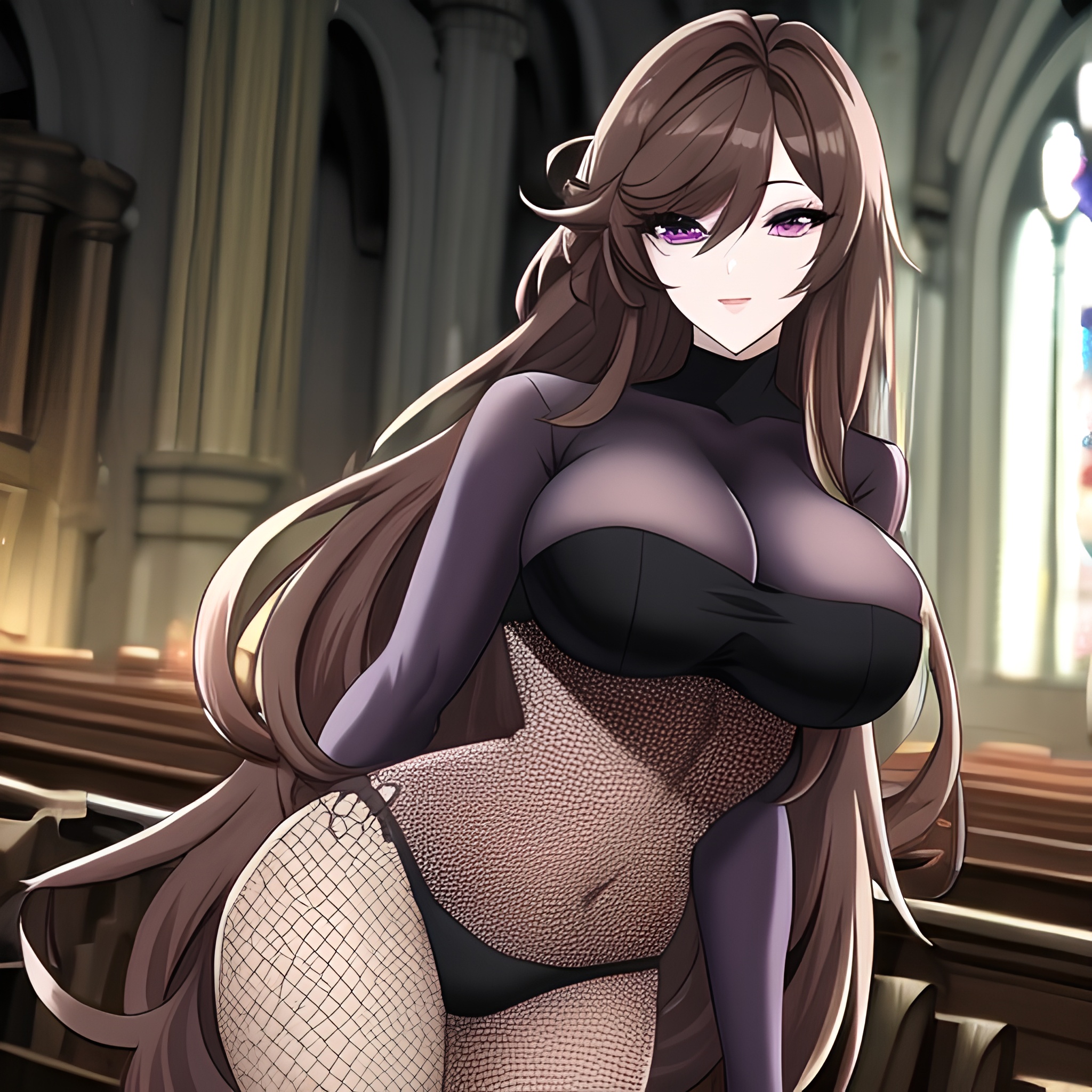 long hair brunette fishnet messy hair church woman 