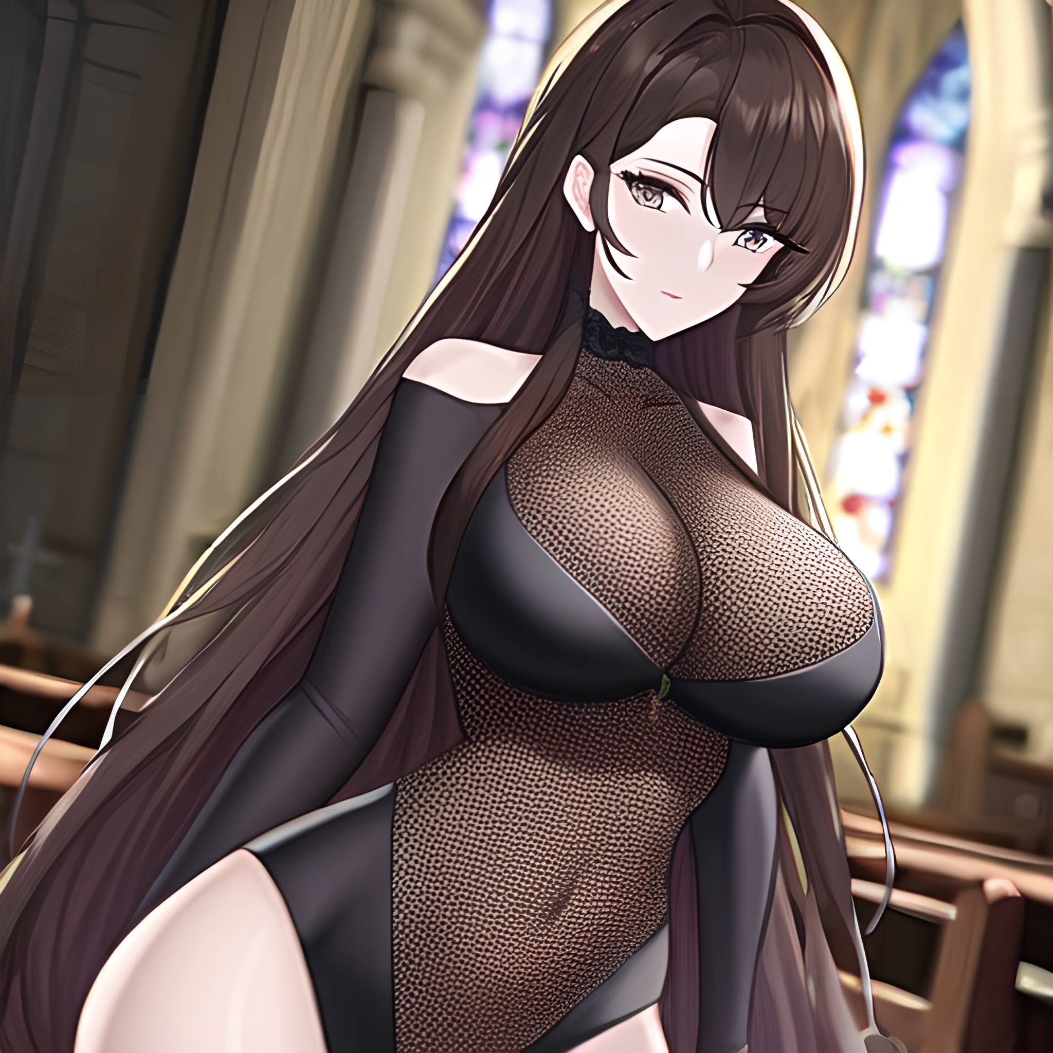 long hair brunette fishnet messy hair church woman 