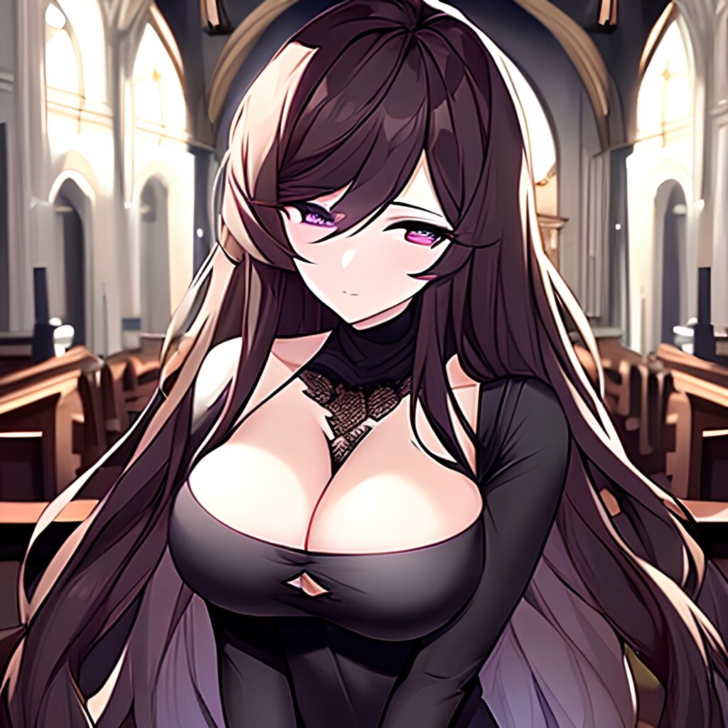 long hair brunette fishnet messy hair church woman 