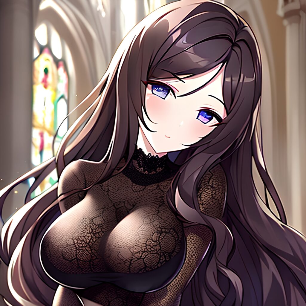 long hair brunette fishnet messy hair woman church 