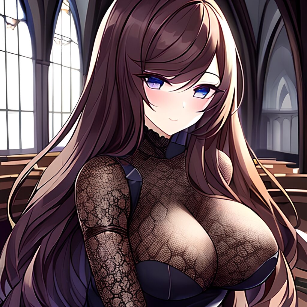 long hair brunette fishnet messy hair woman church 