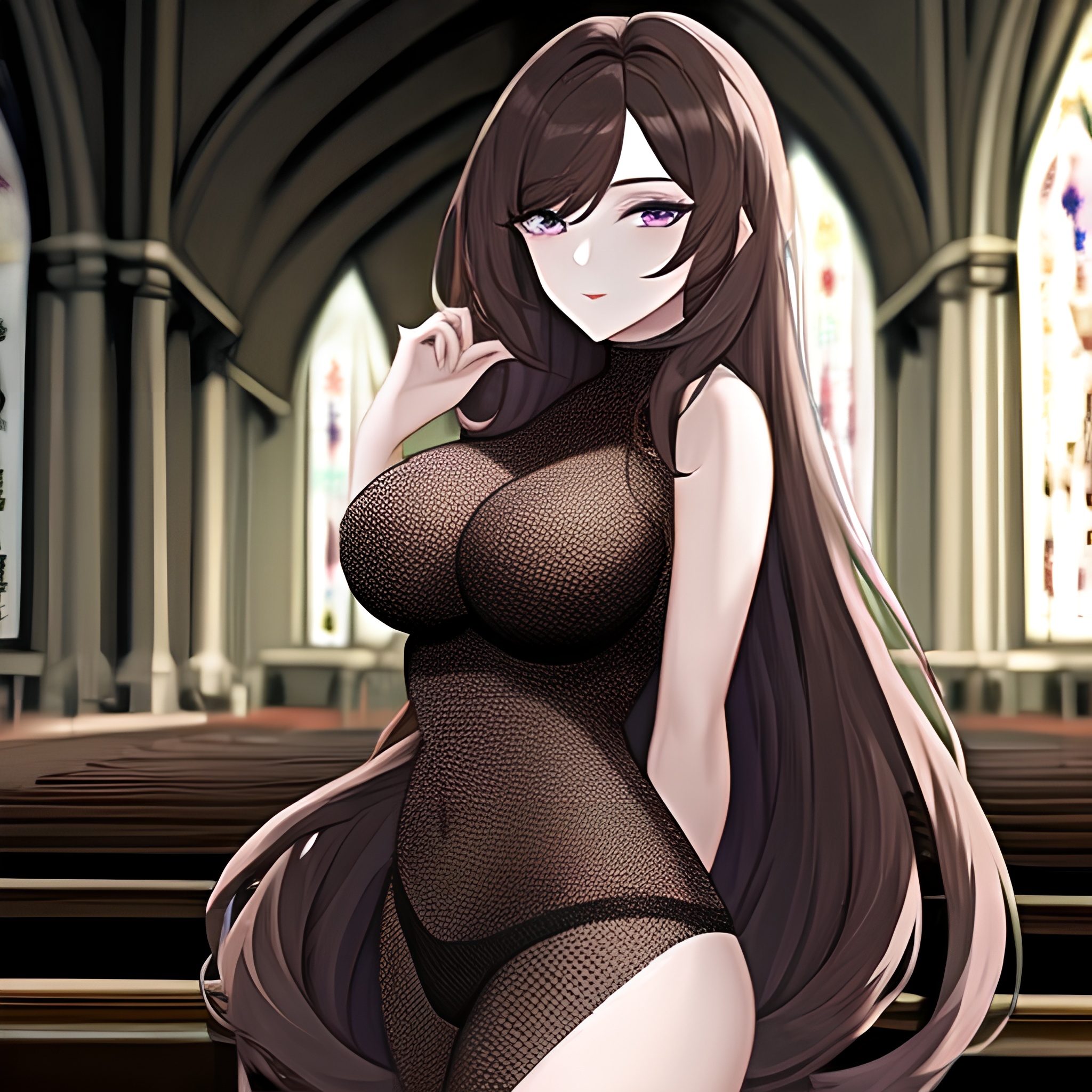 long hair brunette fishnet messy hair woman church 